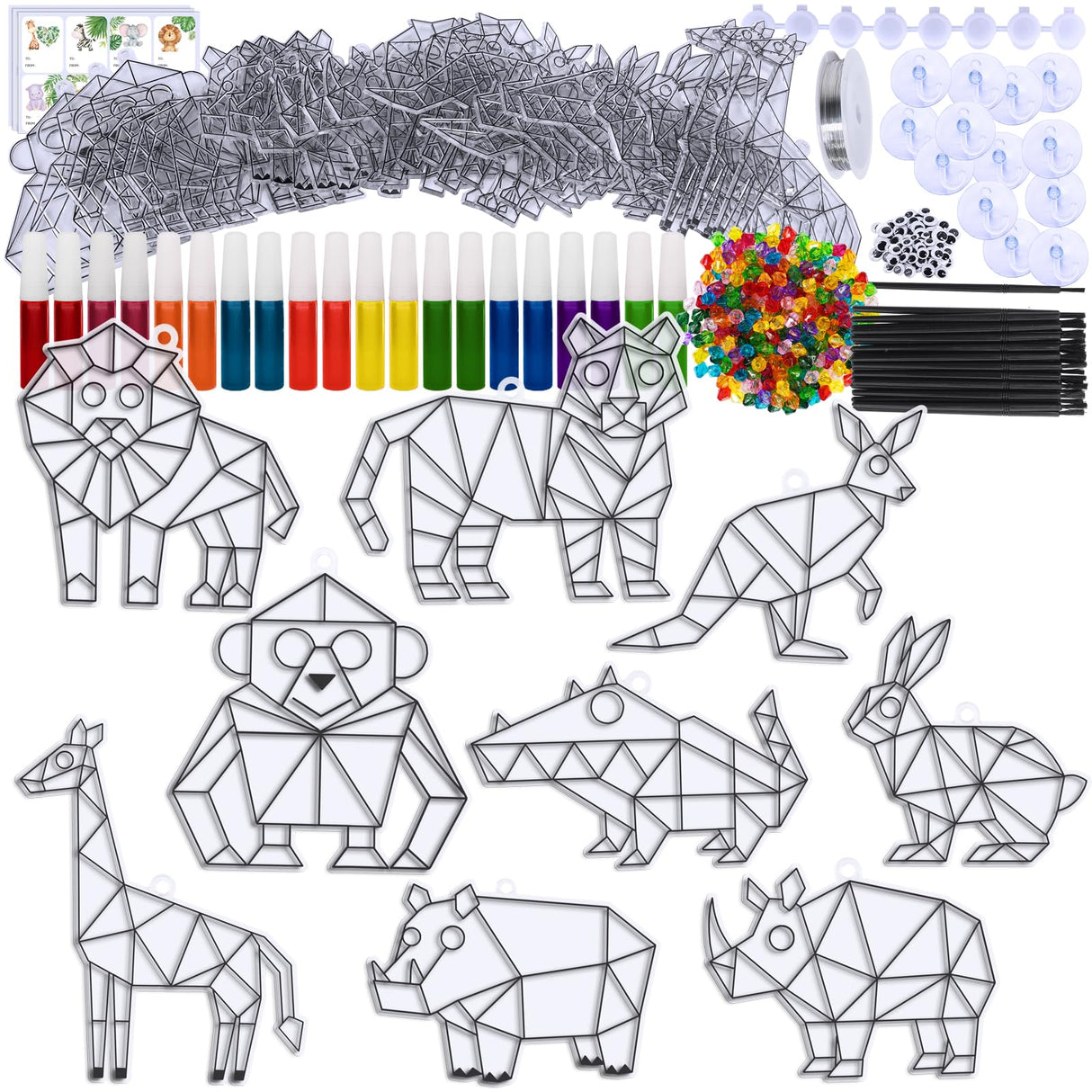Winlyn 24 Sets Jungle Animal Suncatcher Decorations DIY Window Paint Art Craft Kits Safari Animal Sun Catchers Rainbow Painting Kit for Kids Classroom Activities Summer Camping VBS Party Art Project Winlyn