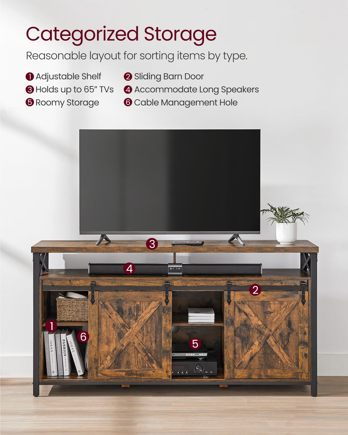 VASAGLE TV Stand for 65 Inch TV, Entertainment Center, TV Table and Console, TV Cabinet with Adjustable Shelves, Industrial Design, Rustic Brown and Black ULTV071B01 VASAGLE