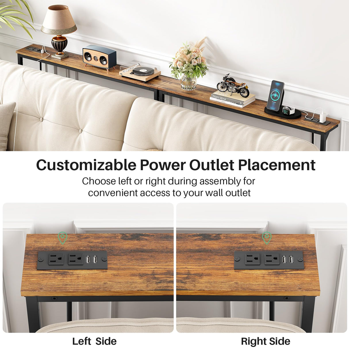 Kitstorack 2-Pack Narrow Console Table with Adjustable Height (25"-33") & Power Outlets, Rustic Brown Sofa Table for Behind Couch or Wall, 79" Long with 4.9ft Cord Kitstorack