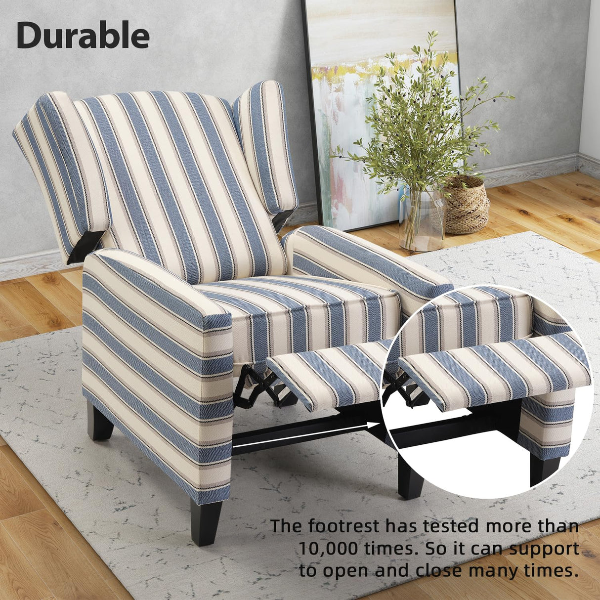 INZOY Wingback Pushback Recliner Chair, Fabric Push Back Recliners with Padded Seat, Mid Century Modern Reclining Chair for Living Room Bedroom, Blue Stripe INZOY