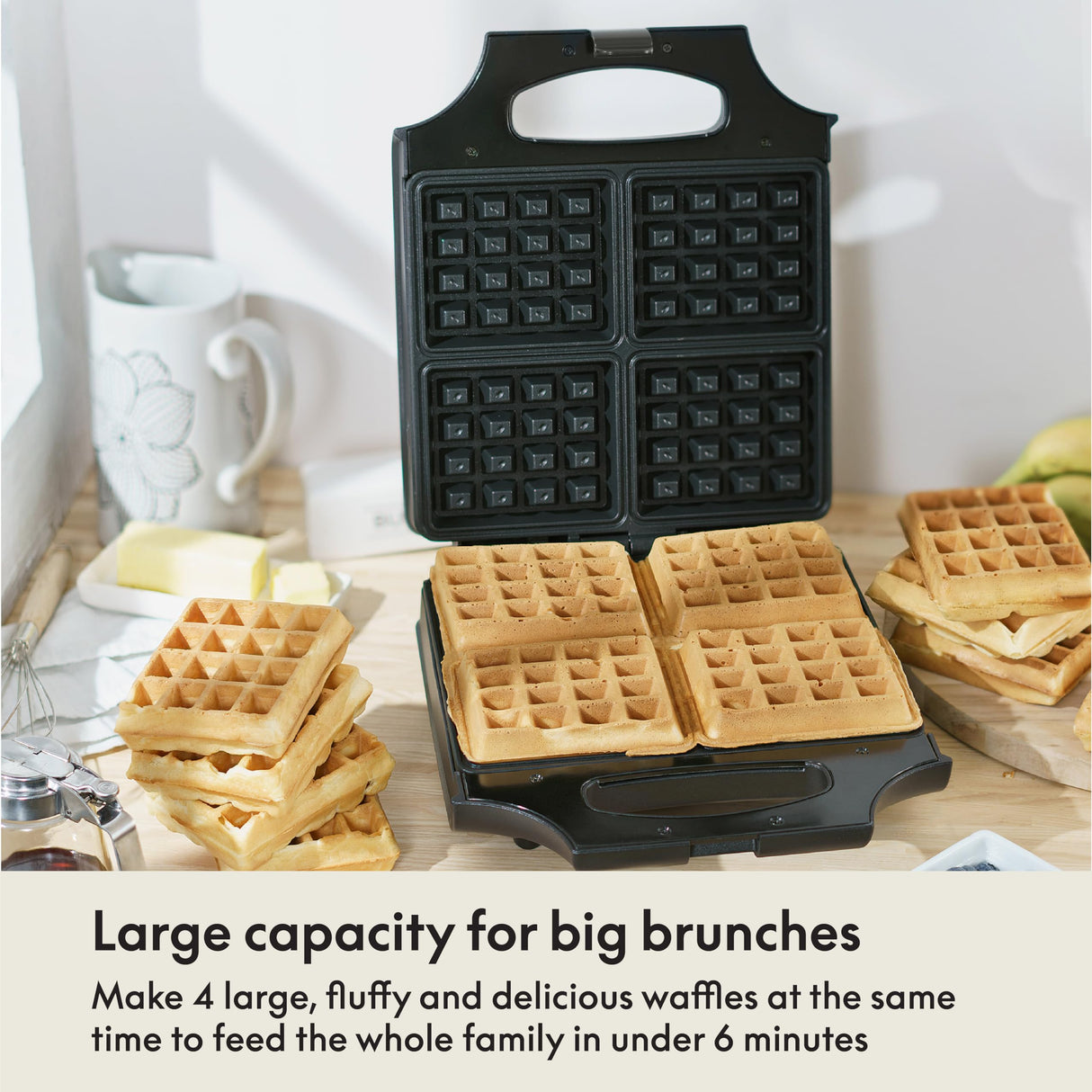 BELLA Classic Waffle Iron, 4 Square Belgian Waffle Maker, Non-stick Extra Large Plates for Easy Cleanup, Cool Touch Handles, Stainless Steel, Black, 1400W BELLA