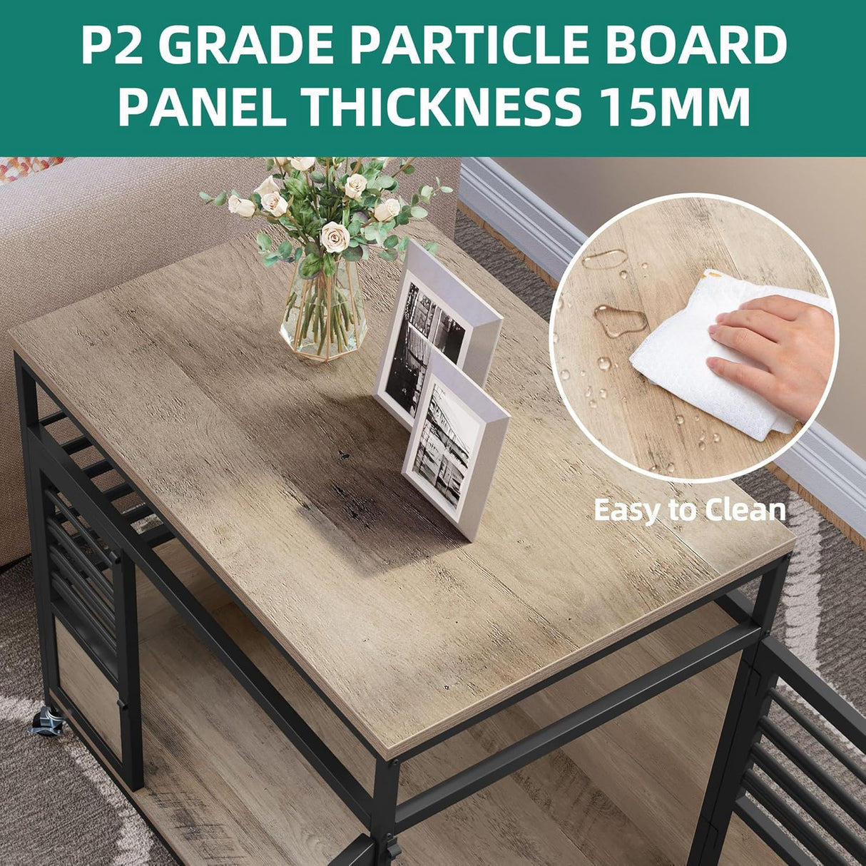 YITAHOME 39" Dog Crate Furniture with Wheels, Heavy Duty Wood Dog Cage Table with Double-Doors Chew-Resistant Farmhouse Decorative Wooden Dog Kennel Indoor for Large and Medium Dogs, Grey YITAHOME