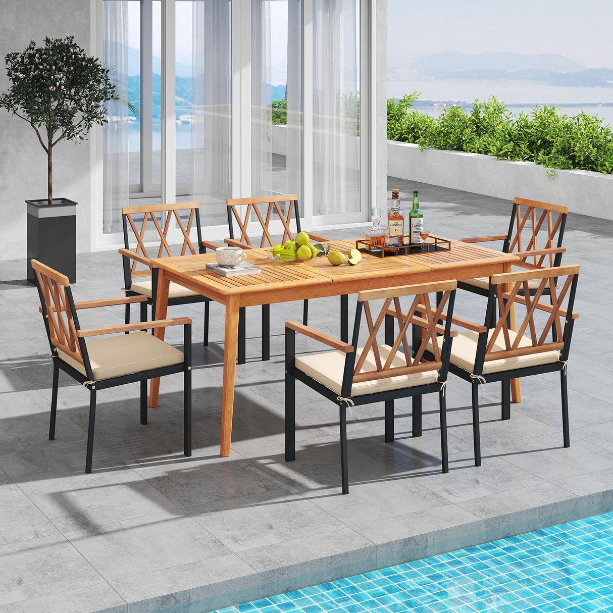 Tangkula 7 Piece Patio Wood Dining Set with Umbrella Hole, Outdoor Rectangle Acacia Table and Cushioned Chairs with Heavy Duty Metal Frame, for Front Porch, Yard, Balcony Tangkula