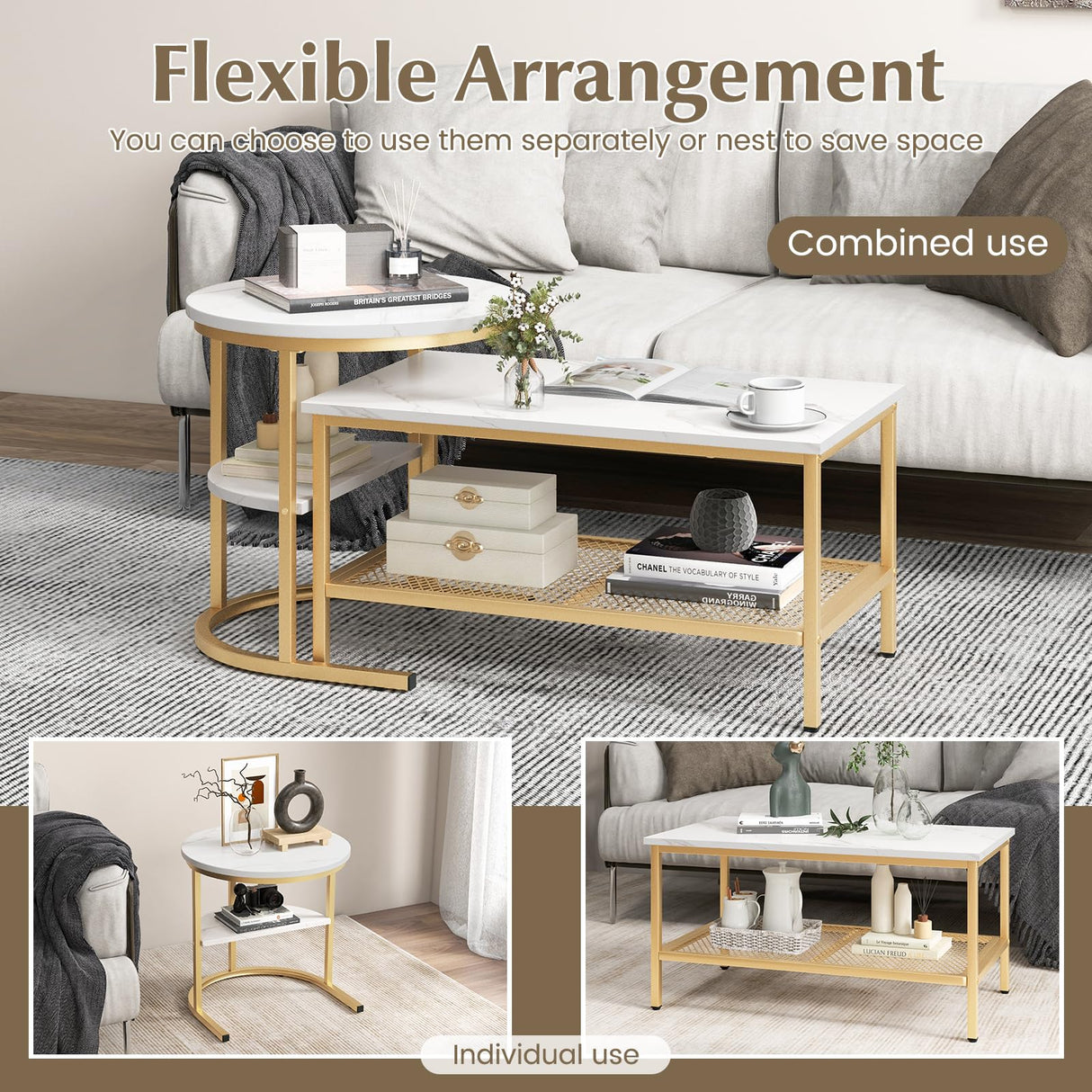 KOTEK Nesting Coffee Table Set of 2, Detachable Rectangular Coffee Table & Small Round End Table Set, Faux Marble Pattern & Sturdy Metal Frame, Modern Nesting Tables for Living Room (Gold) KOTEK