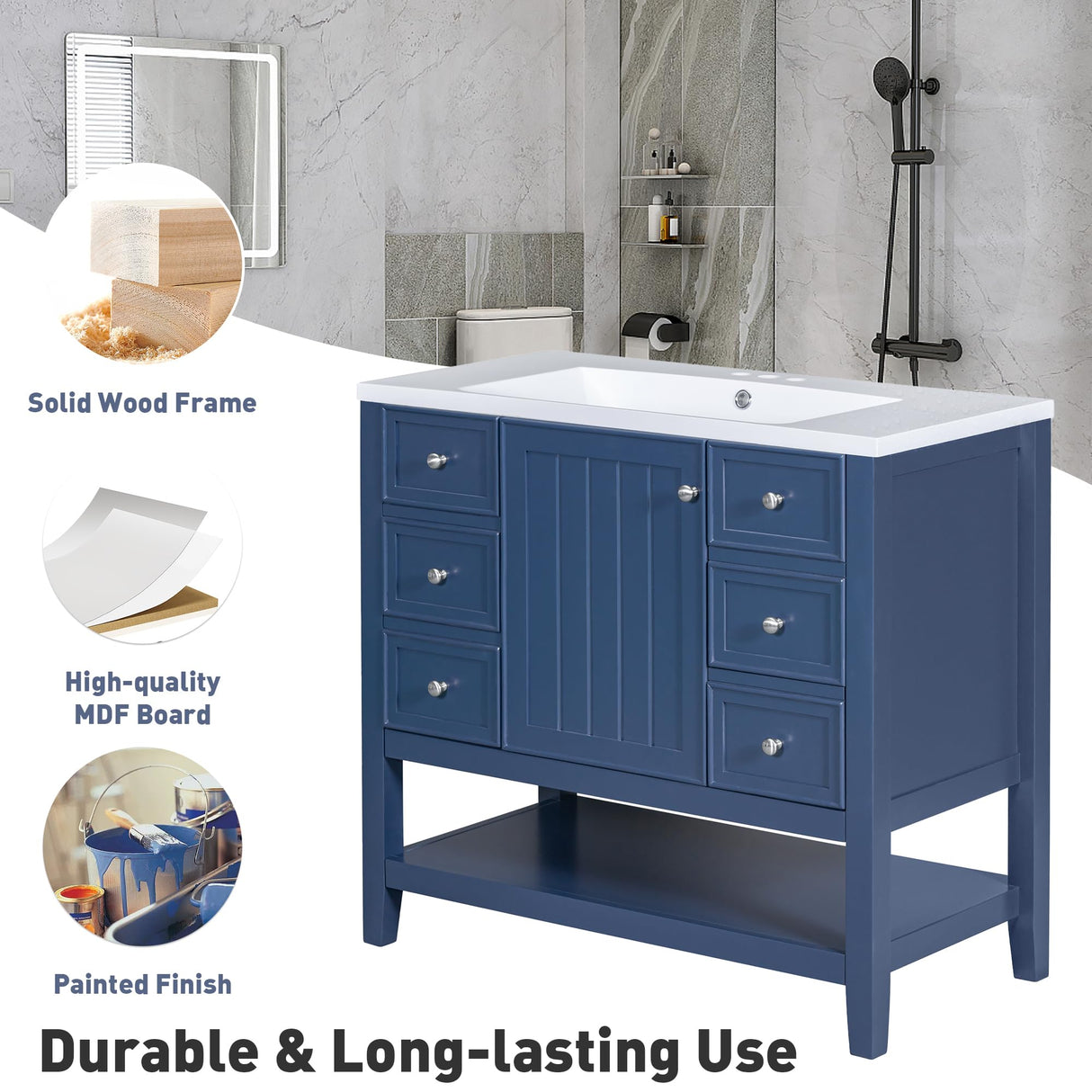 THINK 30 36" Bathroom Vanity,Vanity with Sink Combo, One Cabinet and Three Drawers, Solid Wood and MDF Board,Blue THINK 30