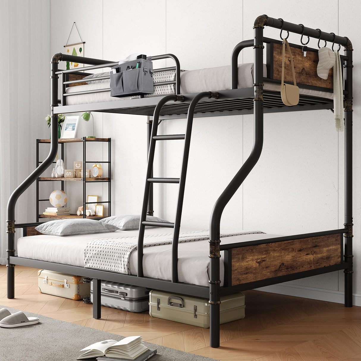 Bunk Bed Twin Over Full, Heavy Duty Metal Bunkbeds with Ladder and Full-Length Guardrail, Convertible into 2 Individual Beds for Kids, Teens and Adults, Under-Bed Storage Space, Vintage Brown Jocoevol
