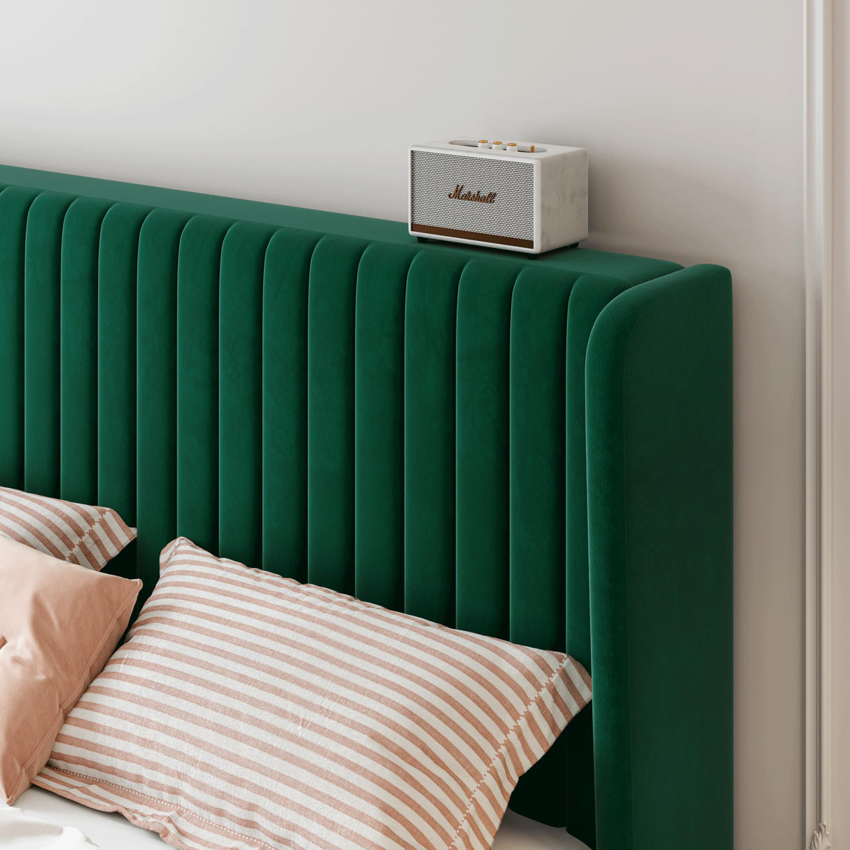 SHA CERLIN King Size Velvet Bed Frame with Vertical Channel Tufted Wingback Headboard, Upholstered Platform Bed with Wood Slats, No Box Spring Needed, Easy Assembly, Green SHA CERLIN