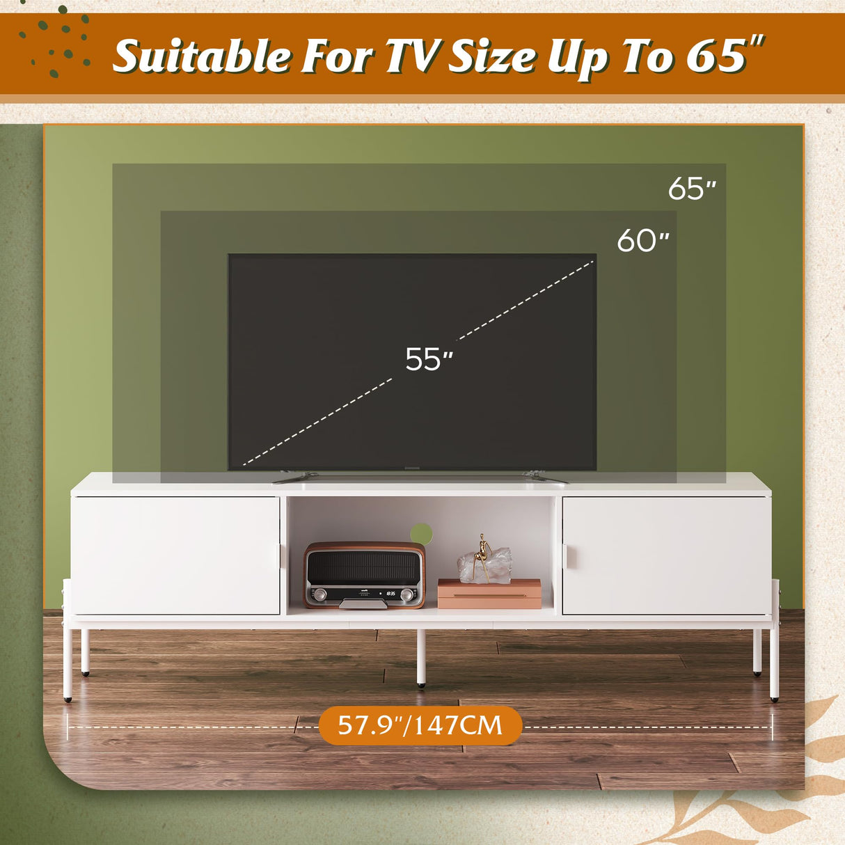 WLIVE Modern TV Stand for 65 Inch TV, Mid Century Entainment Center with Storage, TV Console with Open Shelf and 2 Cabinets for Bedroom and Living Room, TV Cabinet with Metal Legs, White WLIVE