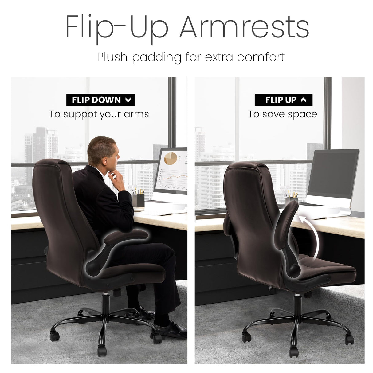 NEO CHAIR Ergonomic Office Chair PU Leather Executive Chair Padded Flip Up Armrest Computer Chair Adjustable Height High Back Lumbar Support Wheels Swivel for Gaming Desk Chair (Brown) NEO CHAIR