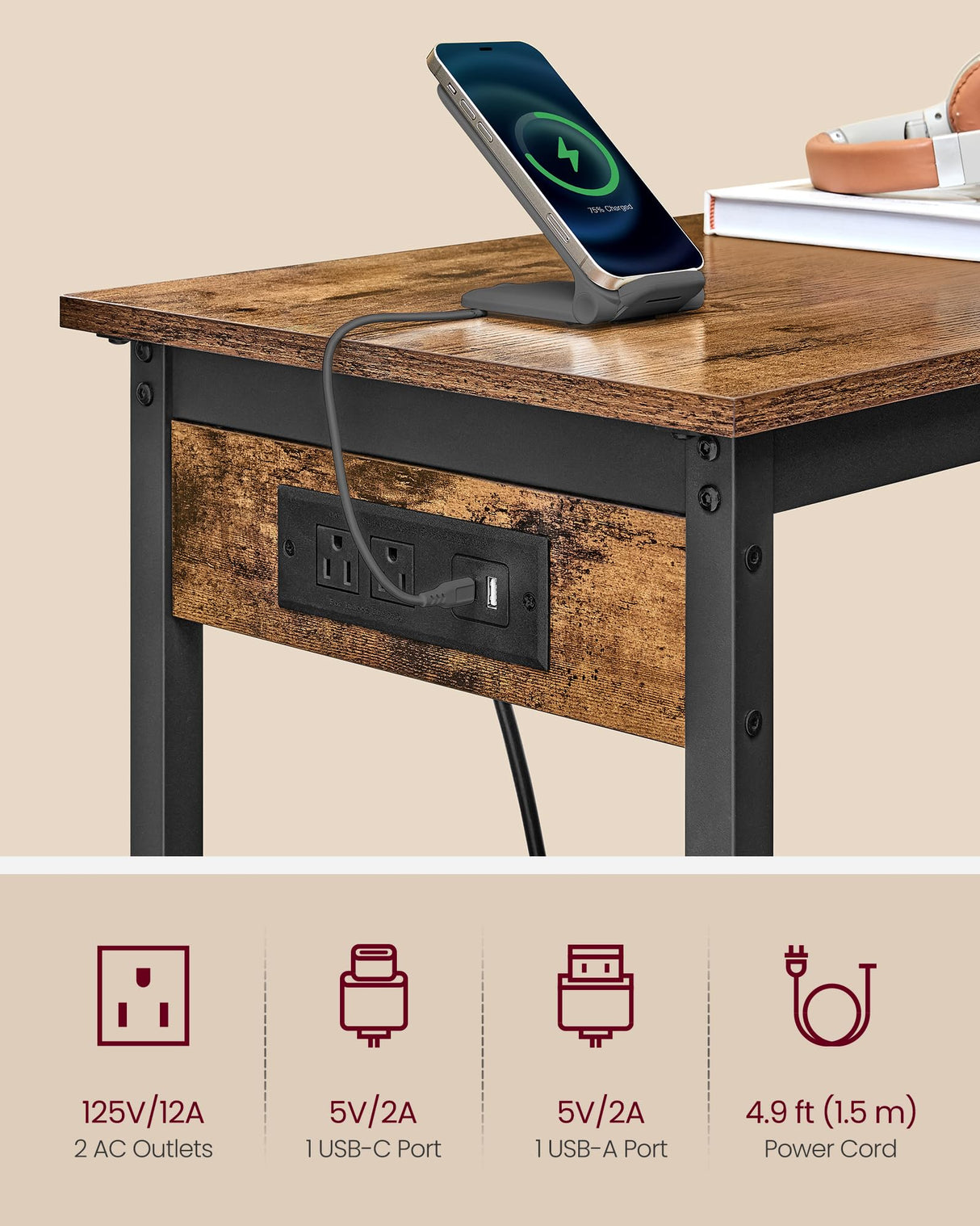 VASAGLE Bar Table, Narrow Long Kitchen Dining Table with Charging Station, Sturdy Metal Frame, Industrial, 15.7 x 39.4 x 35.4 Inches, Rustic Brown and Ink Black ULBT101K01 VASAGLE