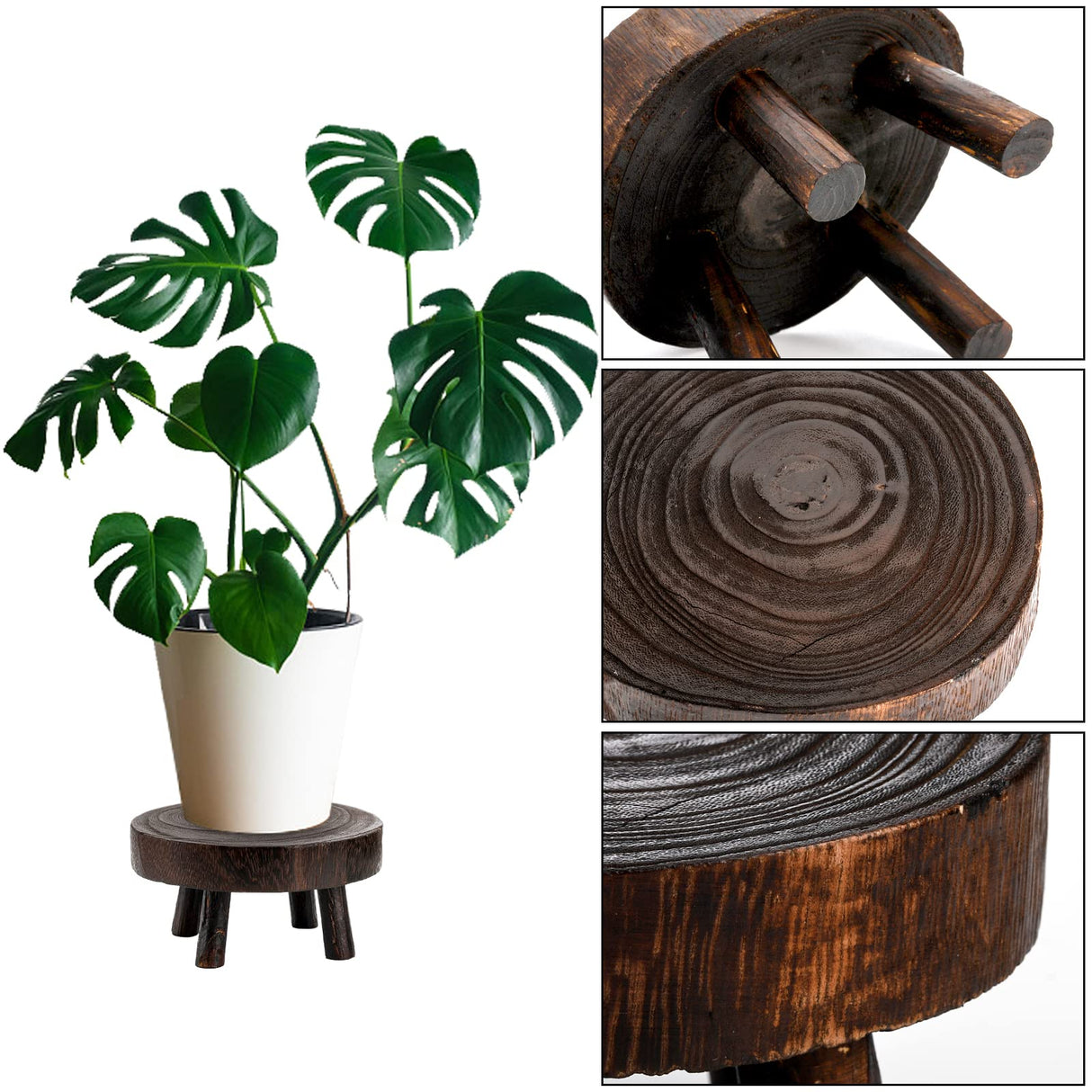 TOPZEA Set of 2 Mini Wooden Stool Display Stand, Wood Riser for Bonsai, Flower Pot, Small Potted Plant Stands Round Rustic Planter Stools Pedestal Risers for Garden, Patio, Home TOPZEA