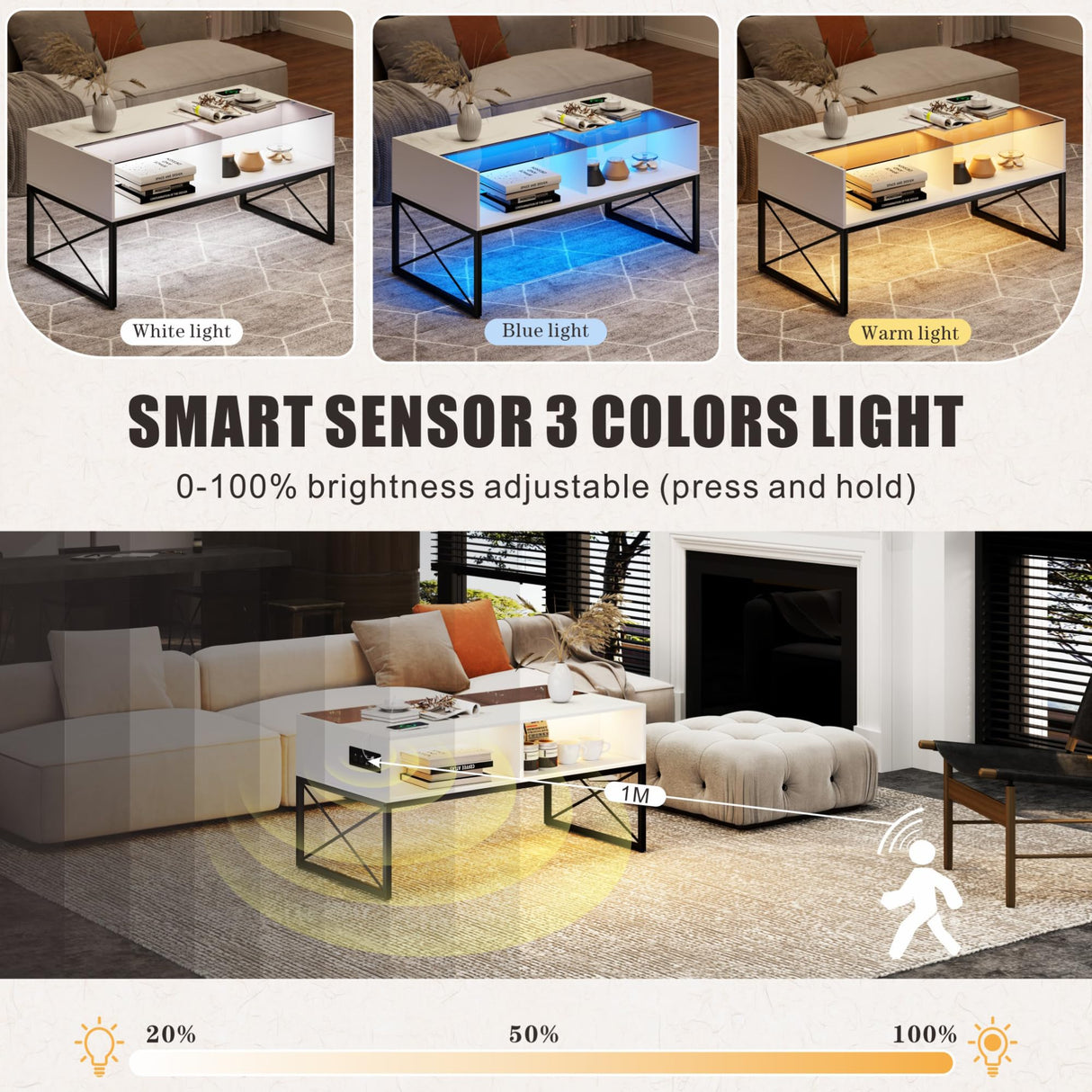 Glass Coffee Tables for Living Room, White Mid Century Modern Coffee Table with Storage, Smart Led Light Wood Coffee Table HWB