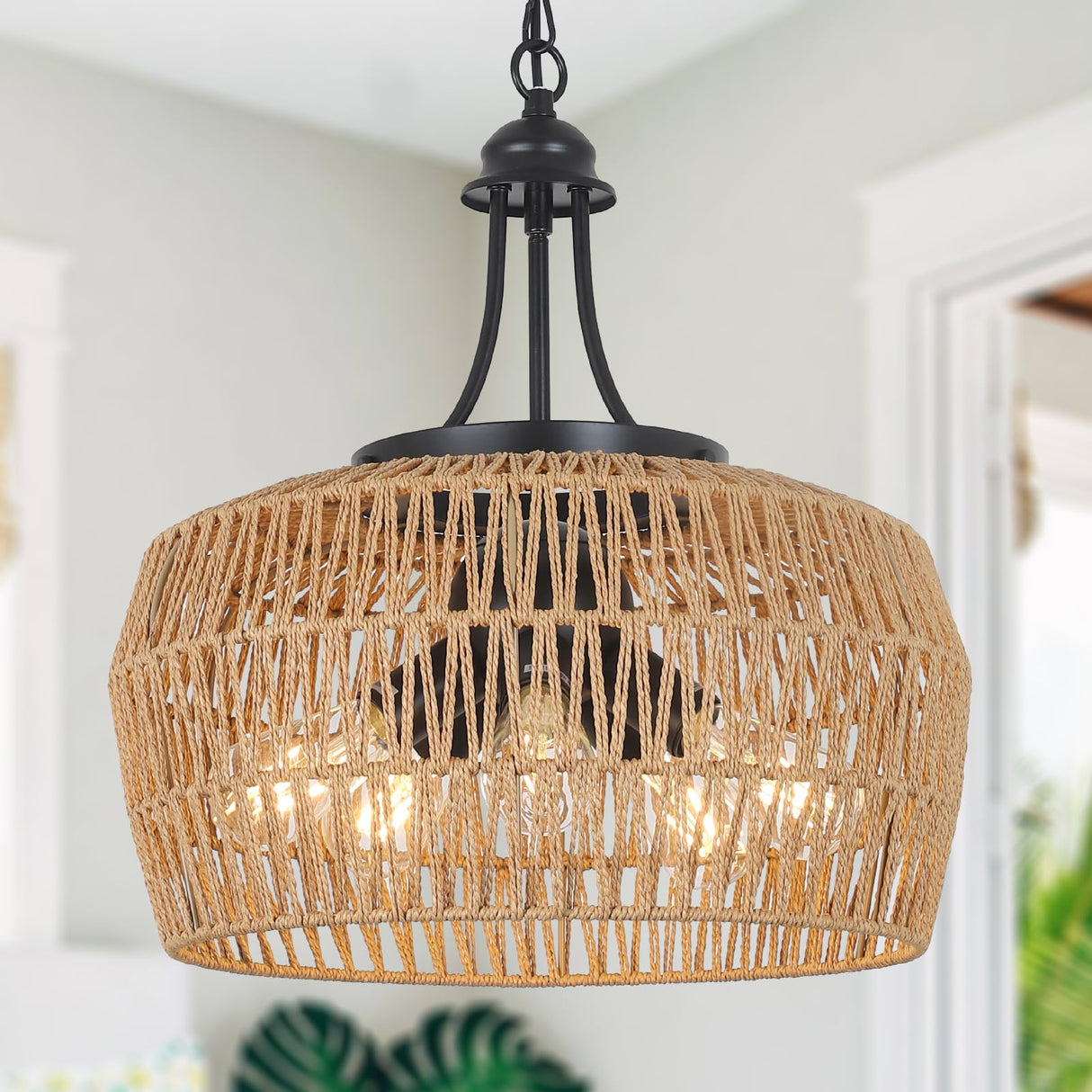 HMVPL Large Farmhouse Chandeliers for Dining Room, 5-Light Rattan Boho Chandelier Light Fixture with Wicker Lampshade, Coastal Hanging Pendant Lighting for Kitchen Island Bedroom Living Room Nursery HMVPL