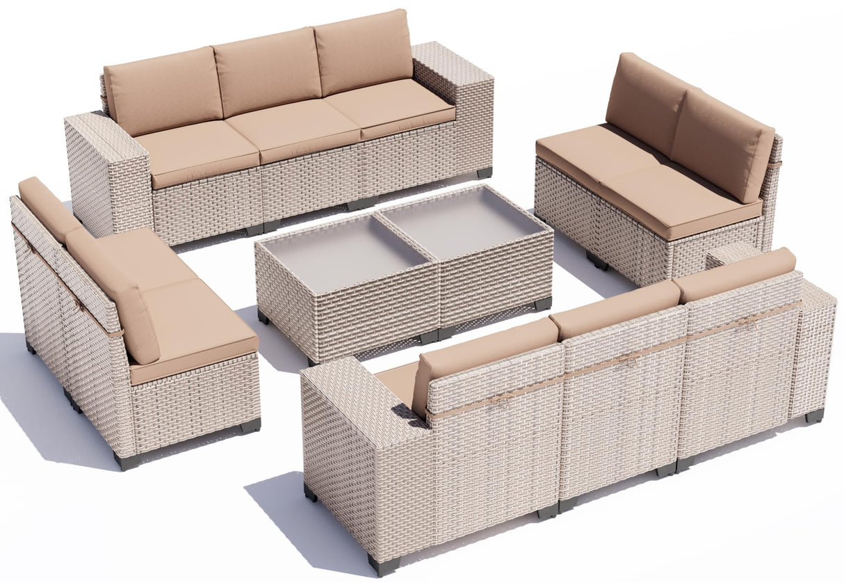 Aukreolis 12 Pieces Patio Furniture Set, Outdoor Sectional Wicker Sofa with Thickened Cushions and Coffee Table, High Back Rattan Patio Conversation Sets for Garden Backyard, Khaki Aukreolis