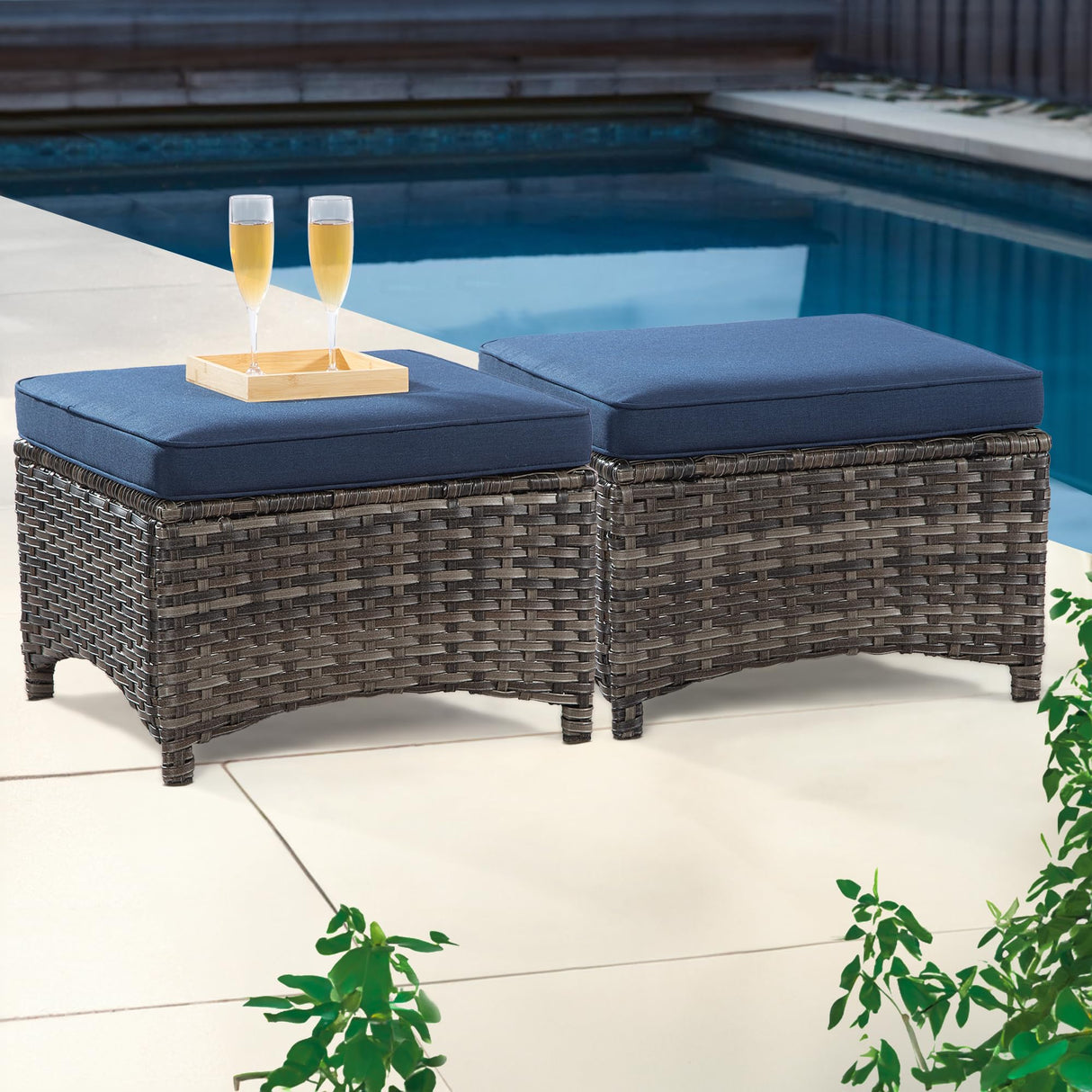 Joyside Outdoor Ottomans for Patio Set of 2 PE Wicker Steel Frame Outdoor Footstool with Removable Olefin Cushions for Garden, Patio, Backyard and Deck, Blue Joyside