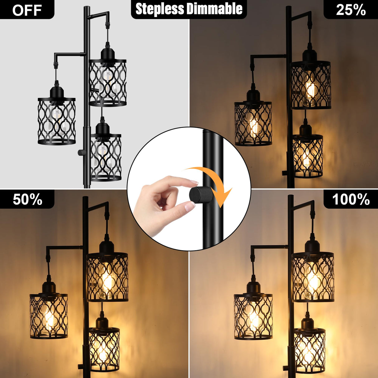 ROTTOGOON Dimmable Farmhouse Floor Lamp, Industrial Floor Lamp for Living Room with 3 X 6W LED Bulbs, 3 Light Rustic Standing Tall Lamp for Bedroom, Office, 68" ROTTOGOON