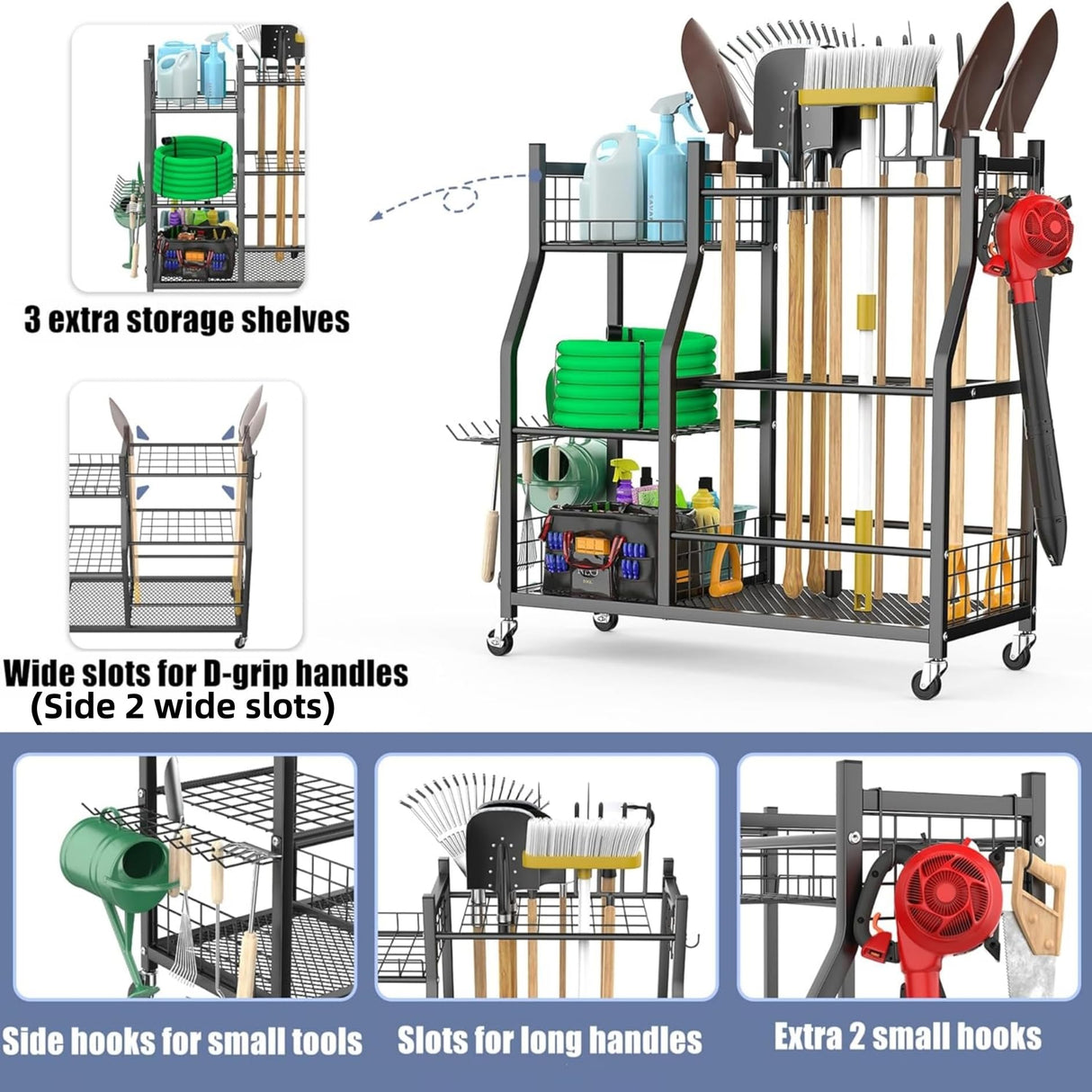 WALMANN Garden Tool Organizer with Wheels for Garage, Large Storage Capacity, Rakes/Shovels/Yard Tools Storage Stand for Shed, Garden, Indoor/Outdoor Long-Handled Tools Rolling Cart WALMANN