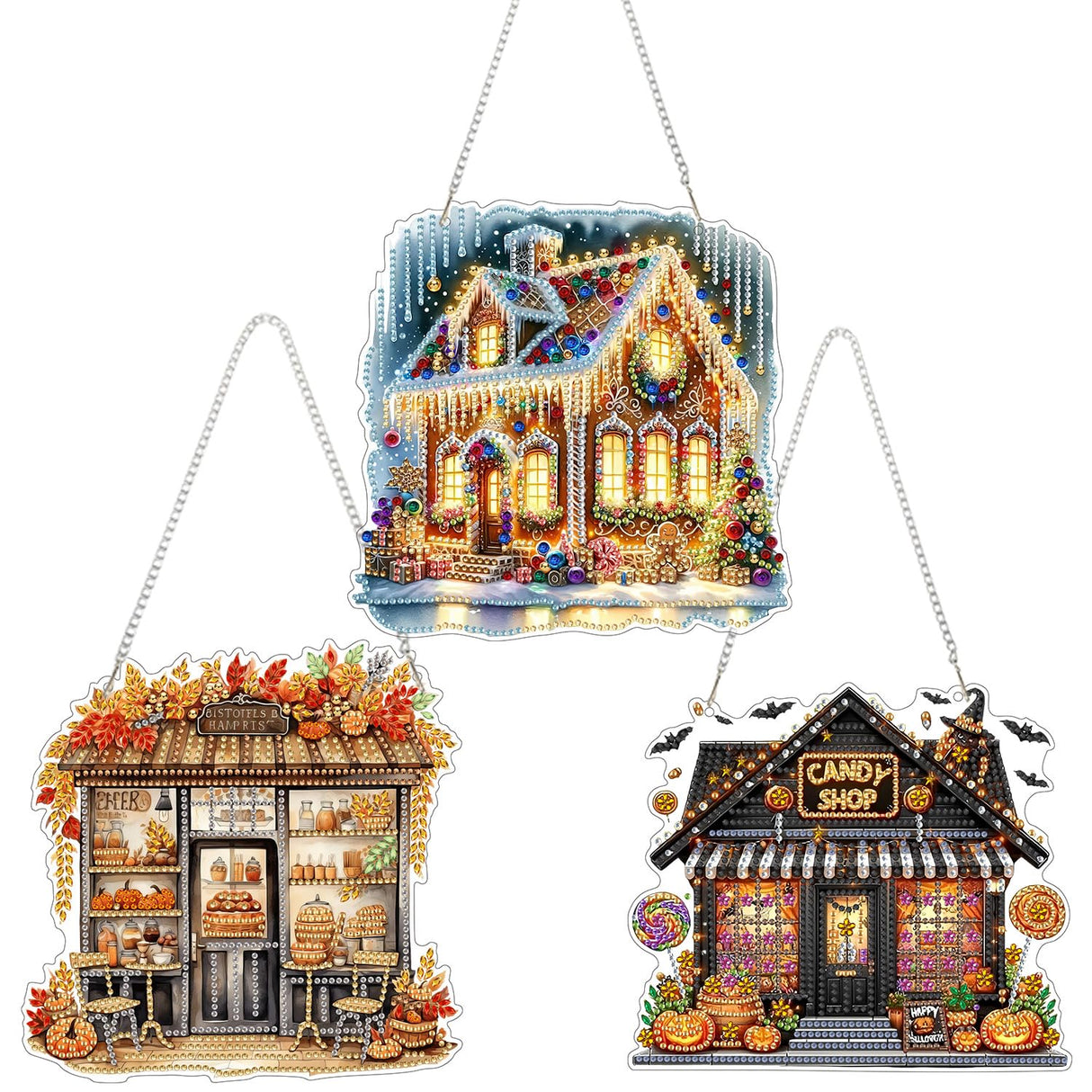 Decor for Home Diamonds Art kit Hanging Decorations, 3 Pack Christmas House Suncatchers Diamonds Painting Kit for Adult Gift Fall DIY 5D Diamonds Dots Special Crystal Diamond Halloween 7.8x7.8 inch Fairyland JinWenn