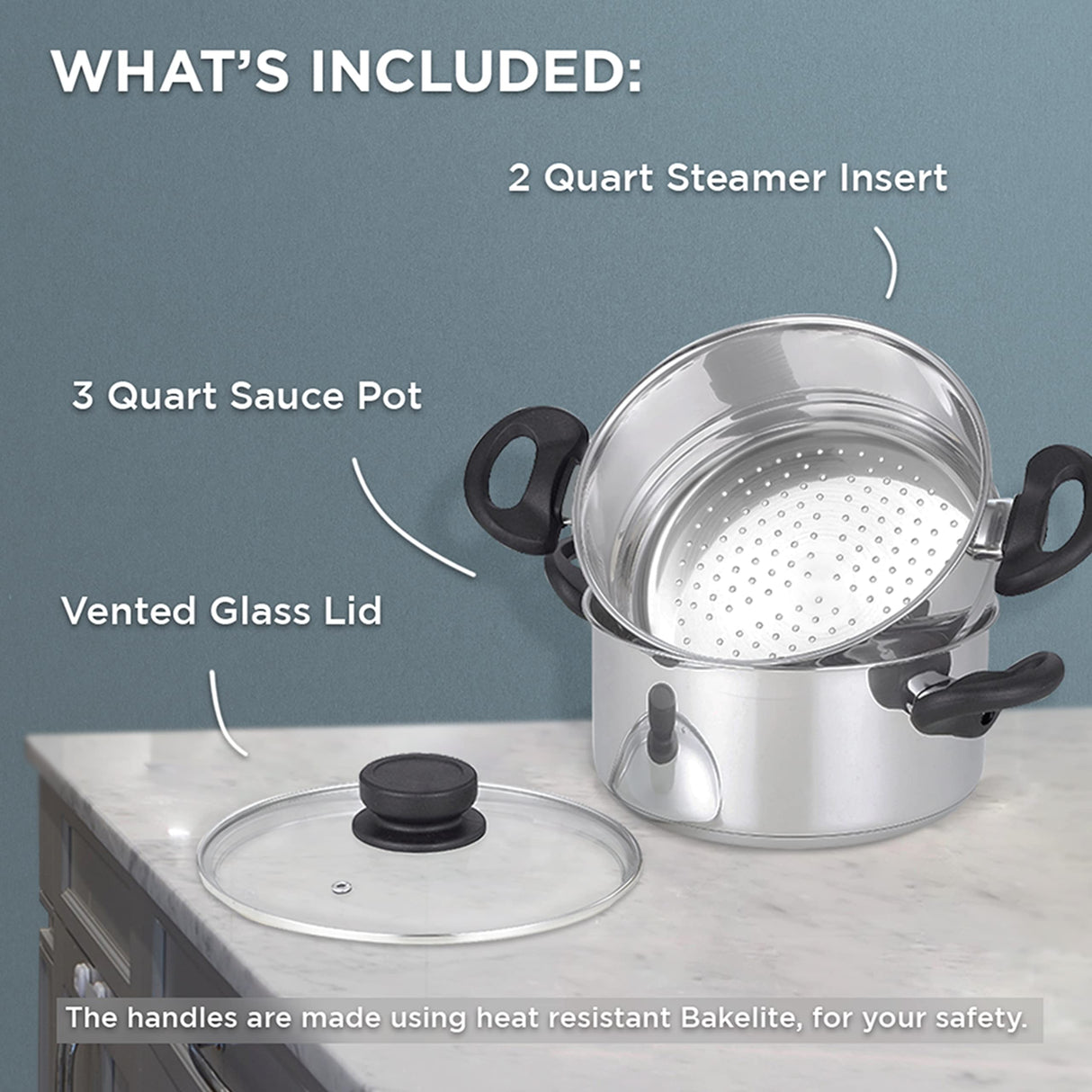 Nevlers 3 Piece Premium Heavy Duty Stainless Steel Steamer Pot Set Includes 3 Quart Cooking Pot, 2 Quart Steamer Insert and Vented Glass Lid | Stack and Steam Pot Set for All Cooking Surfaces Nevlers