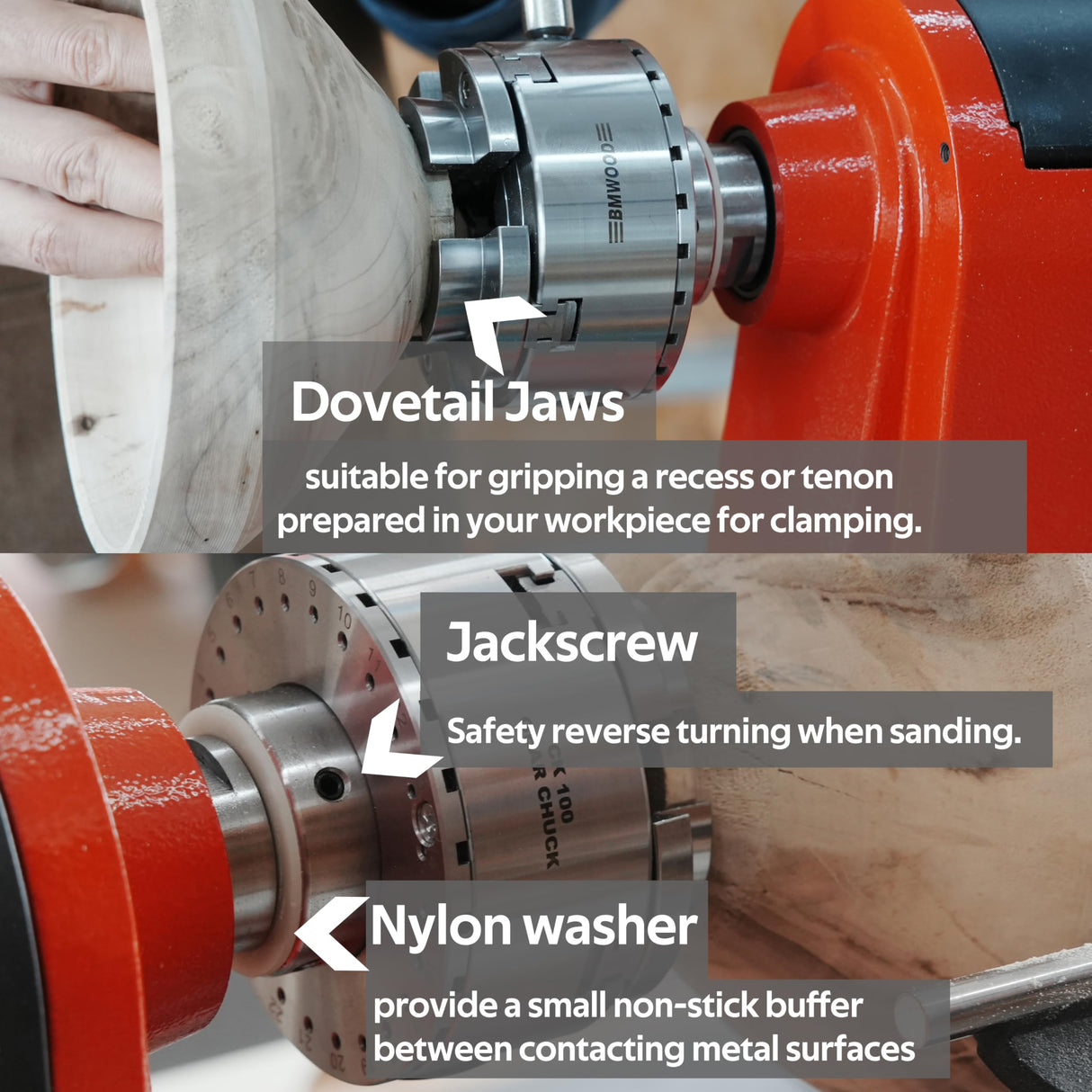 BMWOOD CK100 3.75" 4-Jaw Chuck Thread 1"x8TPI With Dovetail Jaws, Wood Screw, Two Nylon Washers, Square Key, Hex Key for Woodlathe Woodturning BMWOOD