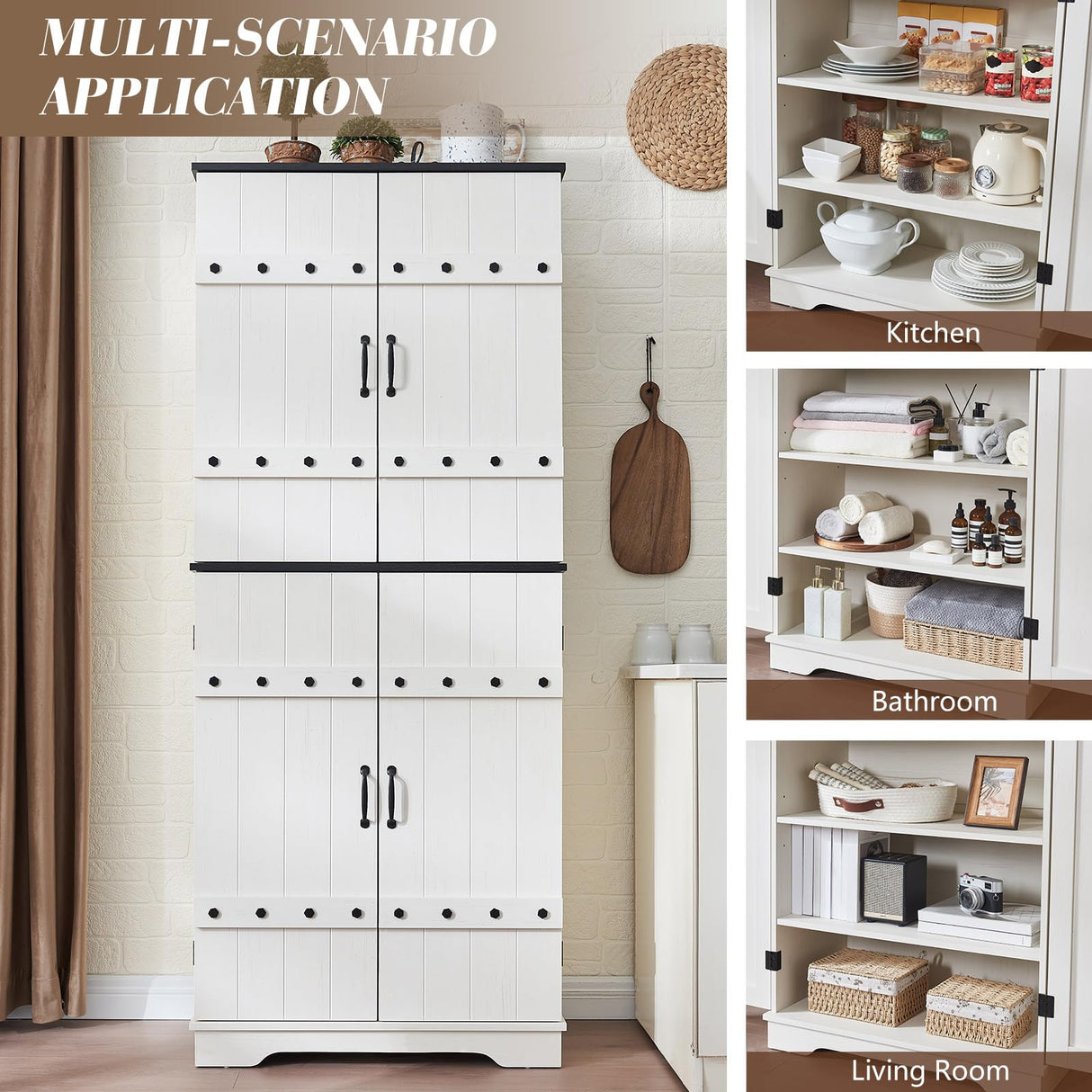 VanAcc 72" Tall Farmhouse Kitchen Pantry Cabinet with Door Organizer & Adjustable Shelves, Wooden Storage Cupboard with Drawer and Barn Doors for Kitchen, Dining Room, Living Room, Distressed White VanAcc