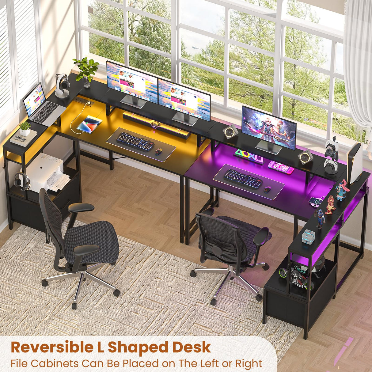 Homieasy Computer Desk with File Drawer Cabinet, L Shaped Office Desk with Printer Stand & Full Monitor Stand, 48 Inch Gaming Desk with Power Outlets Led Light Storage Bag Hanging Hooks, Black Homieasy