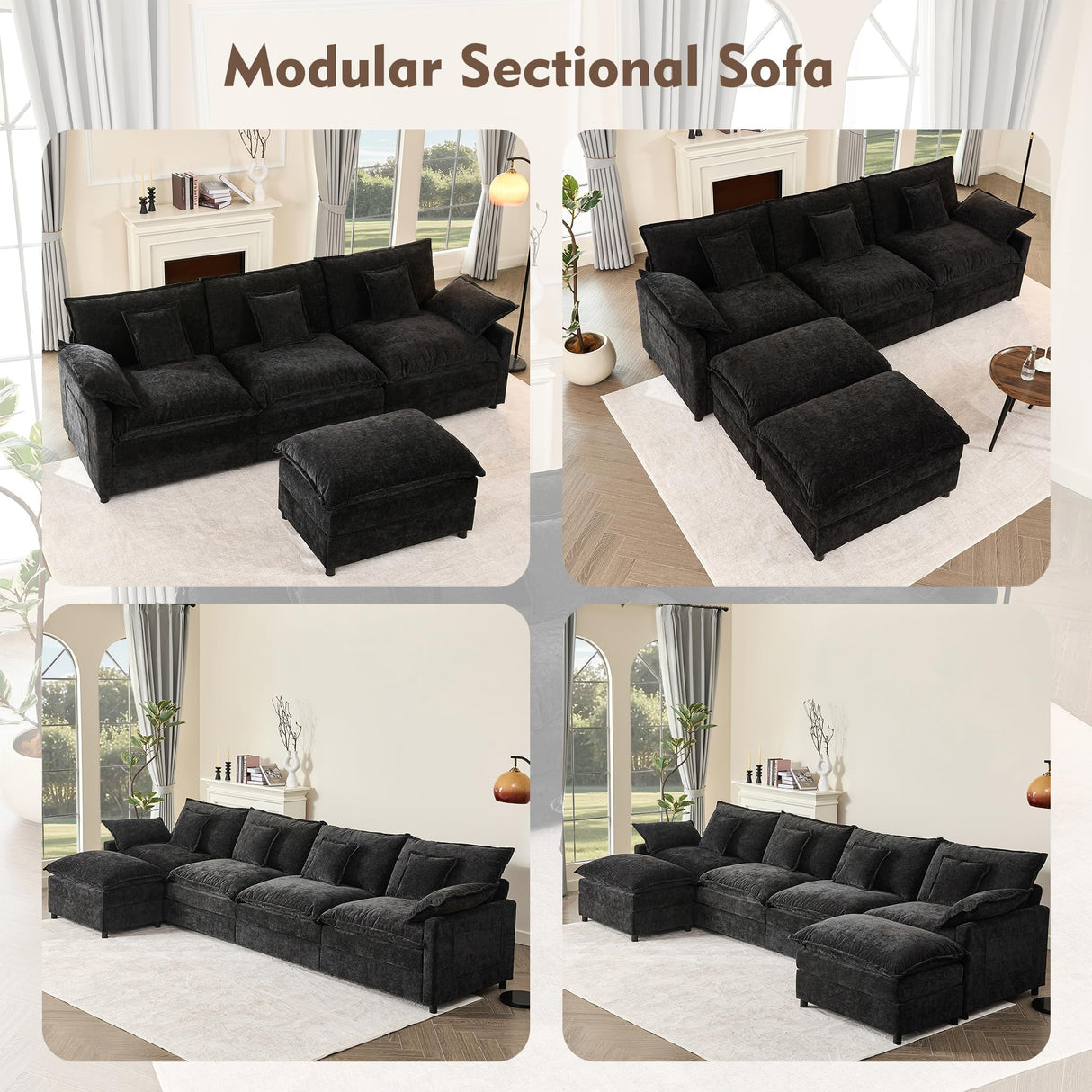 GOSUHI 108" U Shaped Couch, Modular Sectional Sofa, 3-Seater Comfy Cloud Couch with Movable Ottoman, Deep Seat Couches for Living Room, Chenille, Black GOSUHI