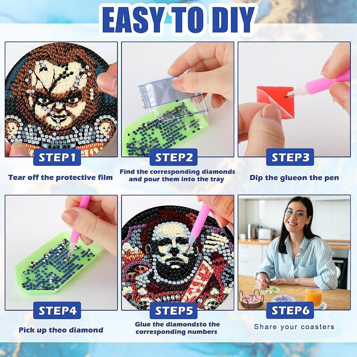 8 Pcs Halloween Diamond Art Coasters Kit for Adults - Round Full Drill Horror Diamond Painting Coasters Set with Holder,DIY Diamond Dot by Number Coaster Art and Craft for Home Wall Decor Gifts Ammklfh