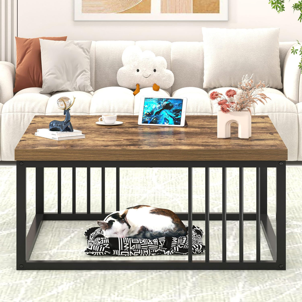 FOLUBAN Modern Coffee Table, Square Center Table for Living Room, Industrial Rustic Wood and Metal Cocktail Tea Table, 31.5 Inch, Brown FOLUBAN