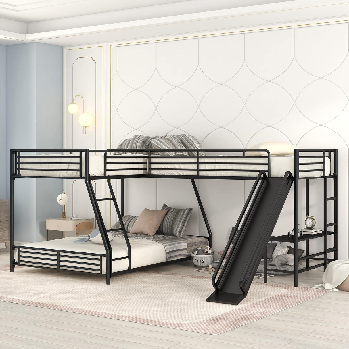 Harper & Bright Designs L-Shaped Triple Bunk Bed, Twin Over Full Bunk Bed with Twin Size Loft Bed for 3, Built-in Desk and Slide, 3 Bed Bunk Beds, Black Harper & Bright Designs