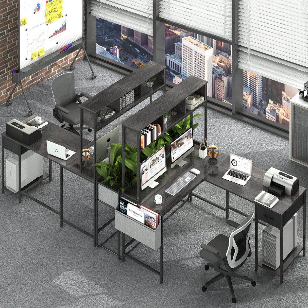 Yoobure L Shaped Desk Gaming Desk with LED Strip & Power Outlet, Reversible L-Shaped Computer Desk with Storage Shelf & Drawer, Corner Desk with Storage Bag, 2 Person Home Office Desk, Gray Yoobure