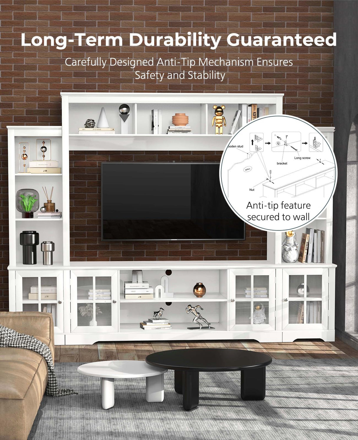 Tatub Large Wall Unit Entertainment Center with Storage, Modern TV Entertainment Center with Bookshelves and Bridge Cabinet, Living Room Tall Bookshelf with Storage, 65.7" Wide for TV Placement, White Tatub