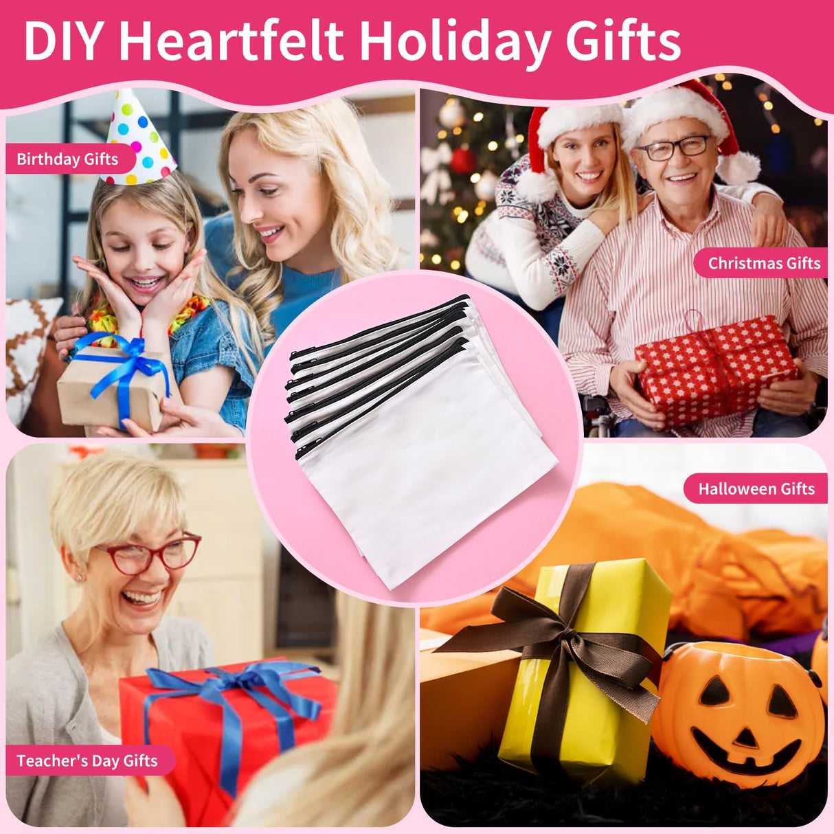 AMDAILY 50Pcs Sublimation Blank Canvas Makeup Bags, Bulk Blank DIY Heat Transfer Cosmetic Makeup Bags w/Black Zipper for Bridesmaid Makeup Bag Travel Toiletry Pouch Storage, Christmas DIY Craft AMDAILY