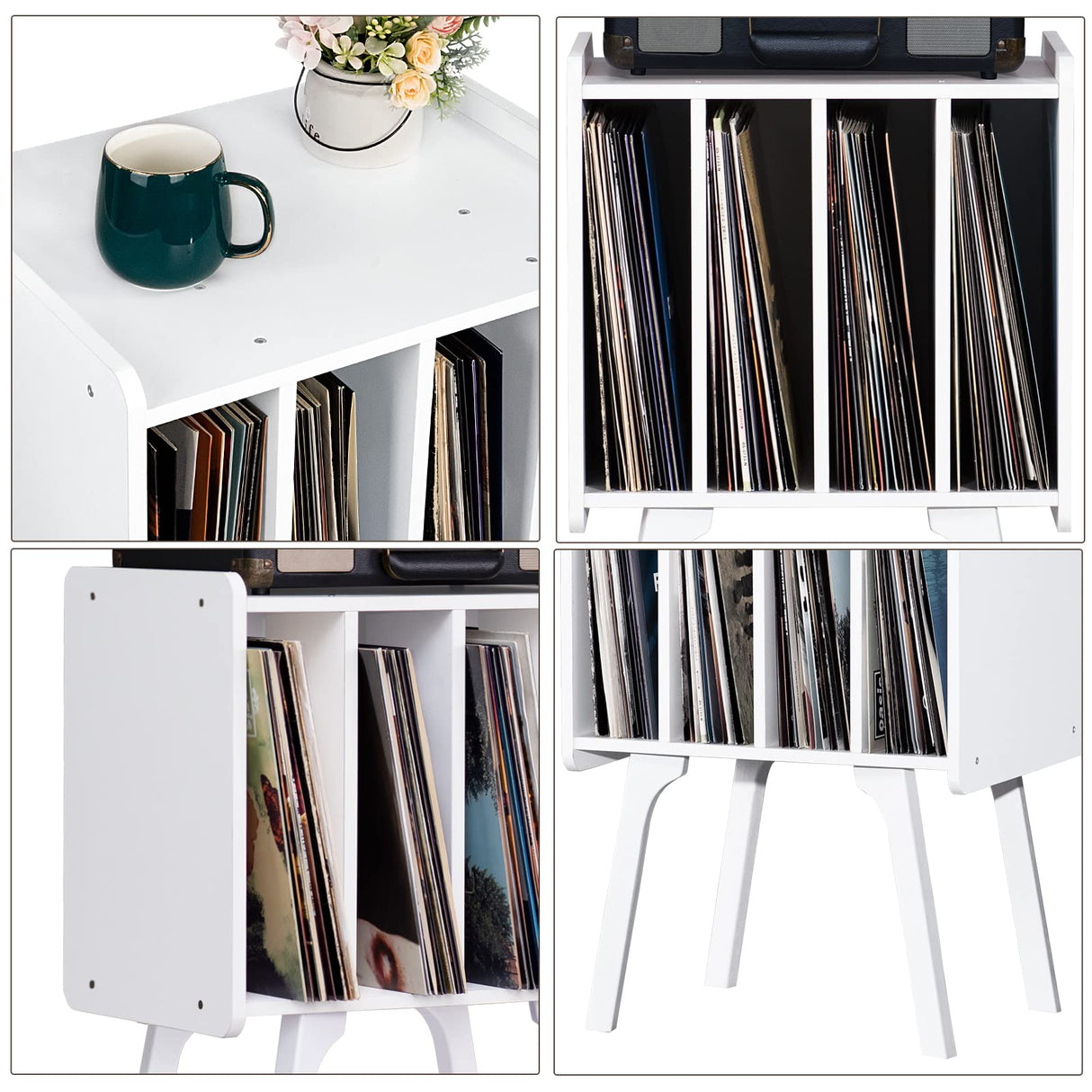 LELELINKY Small Record Player Stand - Width 11.7 In, White Vinyl Record Storage Table with 4 Cabinet Up to 80 Albums, Vinyl Holder with Wood Legs,Turntable Stand Display Shelf for Bedroom Living Room LELELINKY