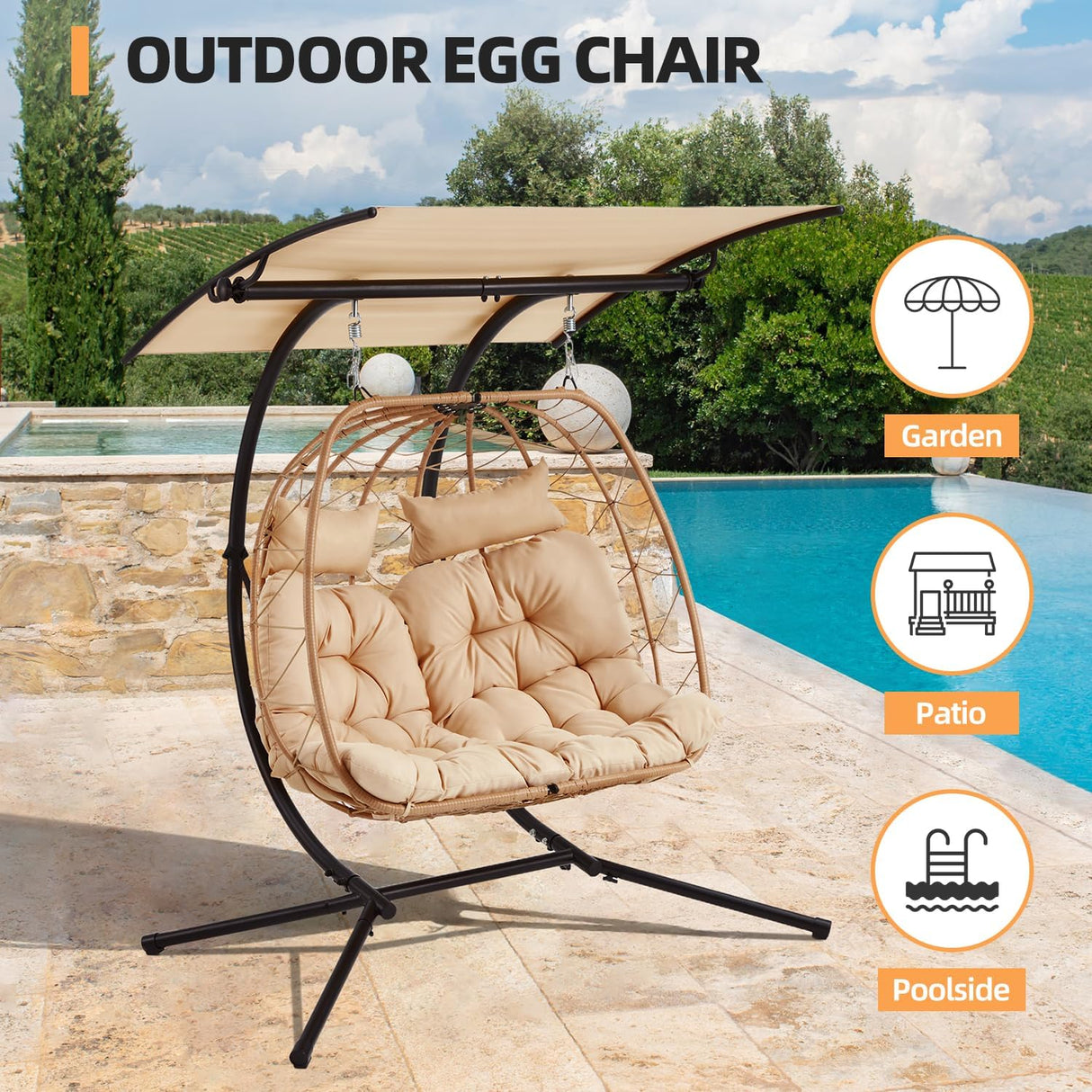 YOLENY Oversized Double Egg Chair with Adjustable Canopy, Patio Hanging Swing Chair, Hammock Chair with Cushion YOLENY