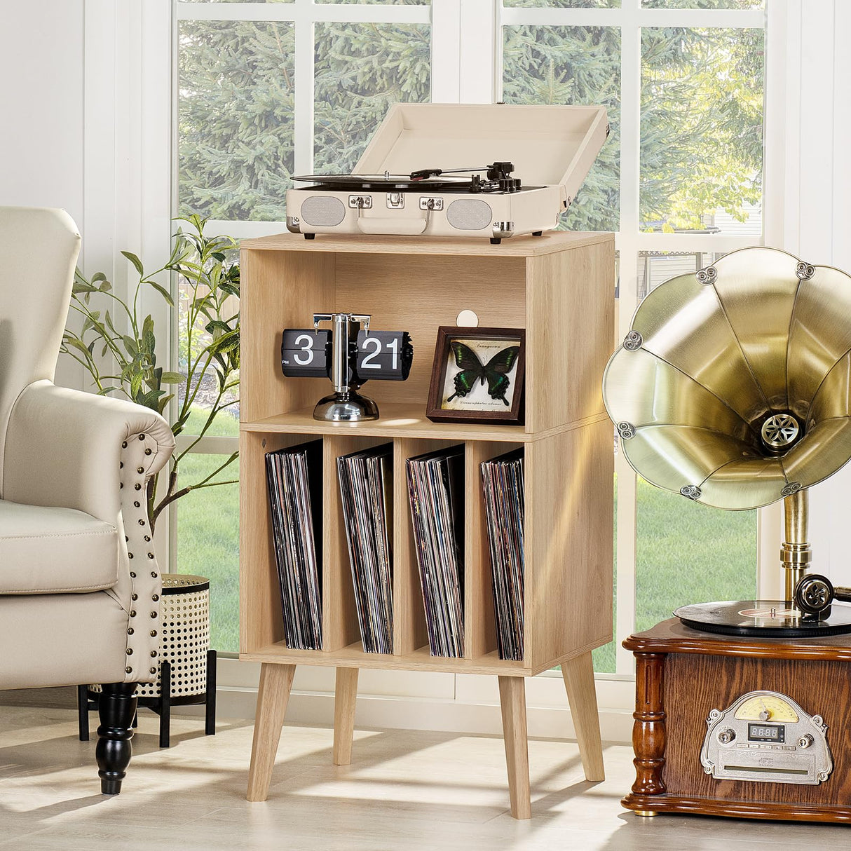Lerliuo Record Player Stand, Burlywood Turntable Stand Holds up to 160 Albums, Mid-Century Vinyl Storage Cabinet Table with Solid Wood Legs, Record Player Holder Dispaly Shelf for Bedroom Living Room Lerliuo