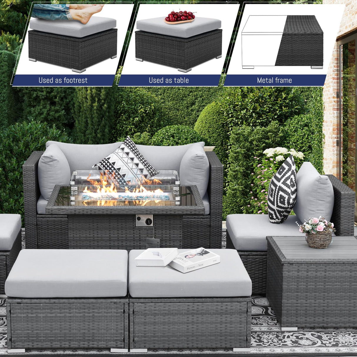 BULEXYARD 10 Piece High Back Wicker Patio Furniture Set with Firepit, All-Weather L-Shape Outdoor Sectional Couch 9-Person, Extra Comfortable Wide Deep Backyard Seating Group with Ottoman, Light Grey BULEXYARD