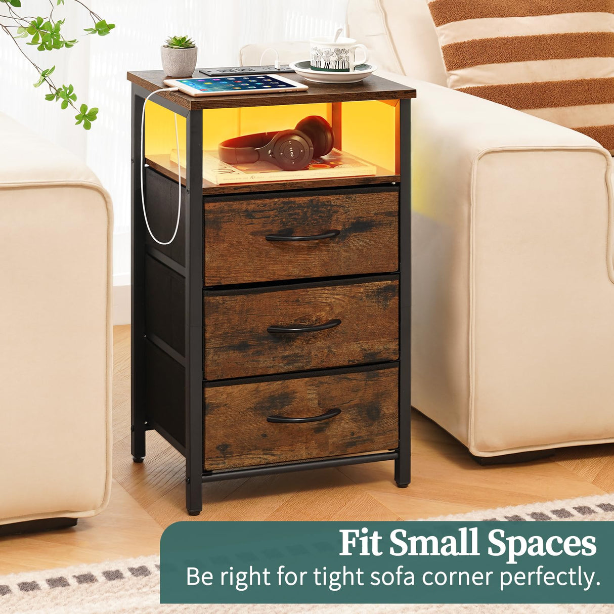 Yoobure Night Stand with Charging Station, 16 Colors LED Nightstand with USB Ports and Outlets, End Table with 3 Fabric Drawers and Storage Shelf, Bedside Tables Small Dresser for Small Space Brown Yoobure