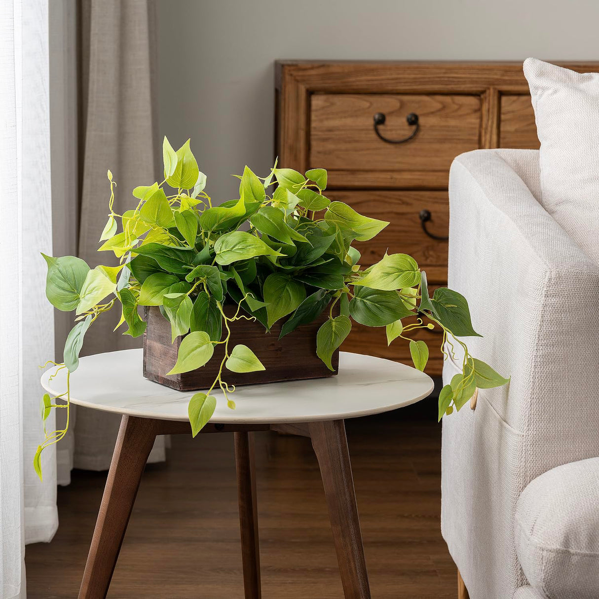 MyGift Vibrant Lifelike Artificial Plant Pothos Leafy Vine Greenery in Burnt Brown Solid Wood Rectangular Planter Box MyGift