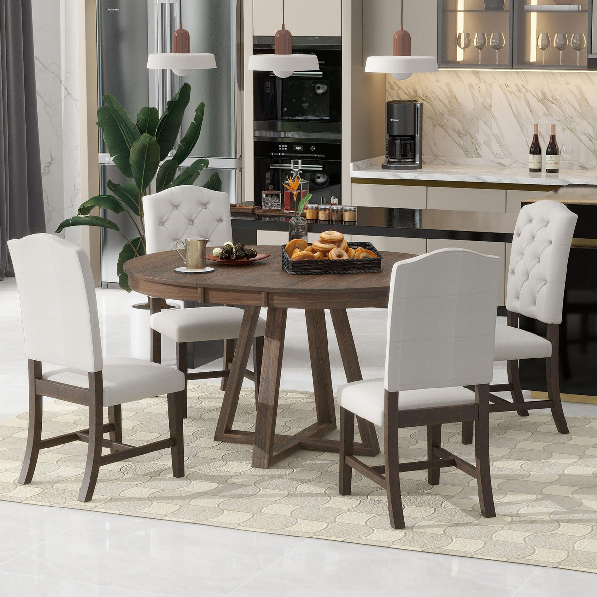 Merax, Walnut 5-Piece Retro Functional Set,Round Wood Table with a 16" W Leaf and 4 Upholstered Chairs for Dining Room Merax