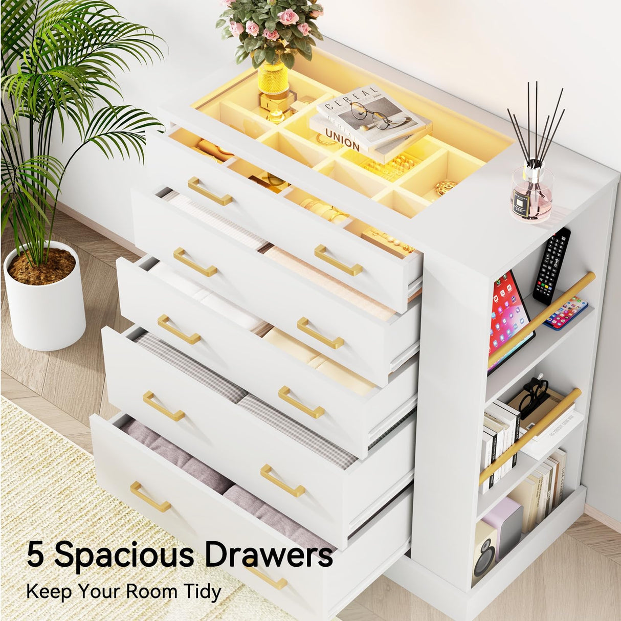 JanflyHome Closet Island with Open Shelves, Modern Glass Top Dresser with LED Lights, Tall Chest of Drawers with Jewelry Organizer for Bedroom,Living Room, Bedroom, Hallway, Entryway, White JanflyHome