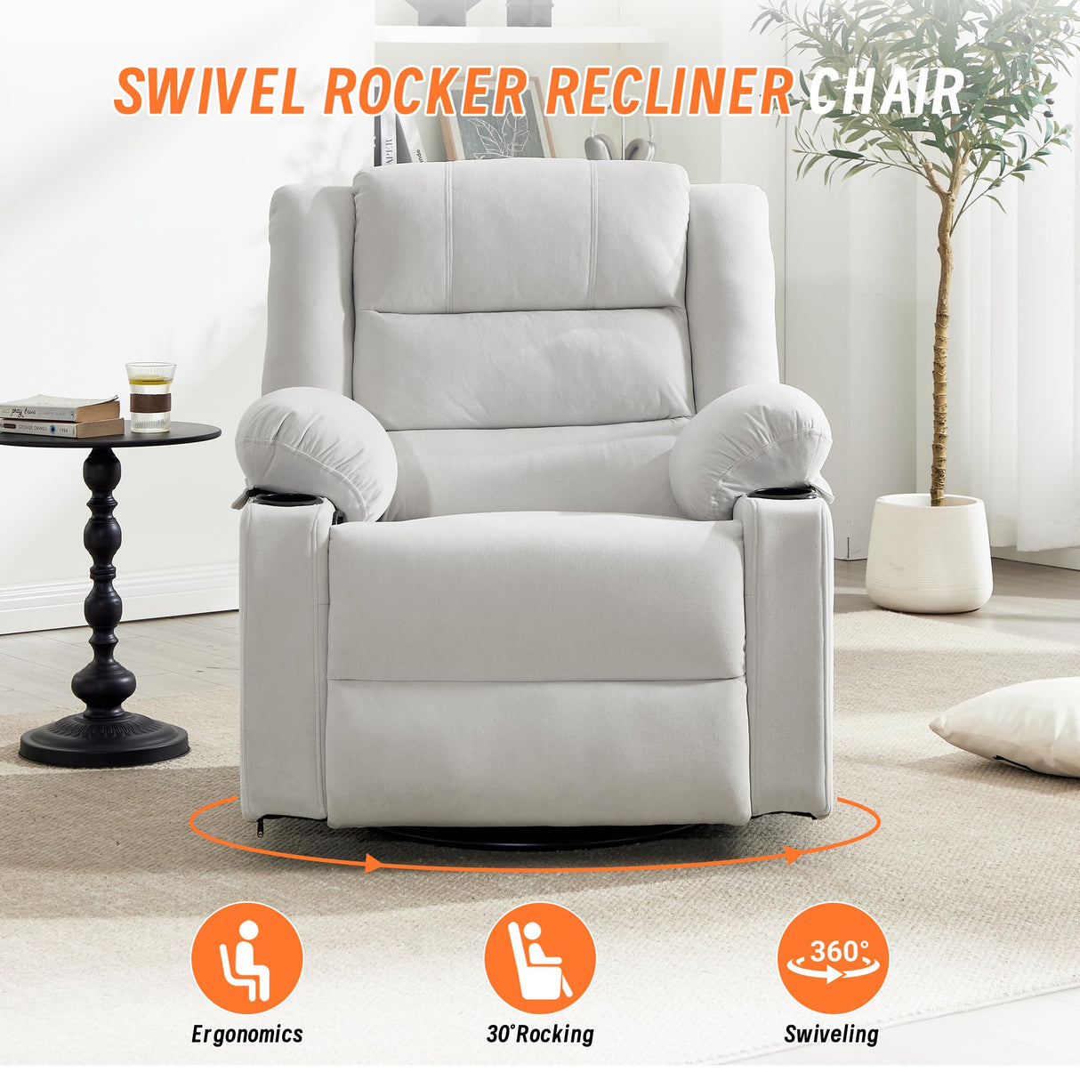 Sftaiyou 360°Swivel Rocker Recliner Chair for Adults,Manual Glider Recliner Sofa with Massage and Heating, Nursery Rocking Chairs with Cup Holds for Living Room Bedroom (Beige) Sftaiyou