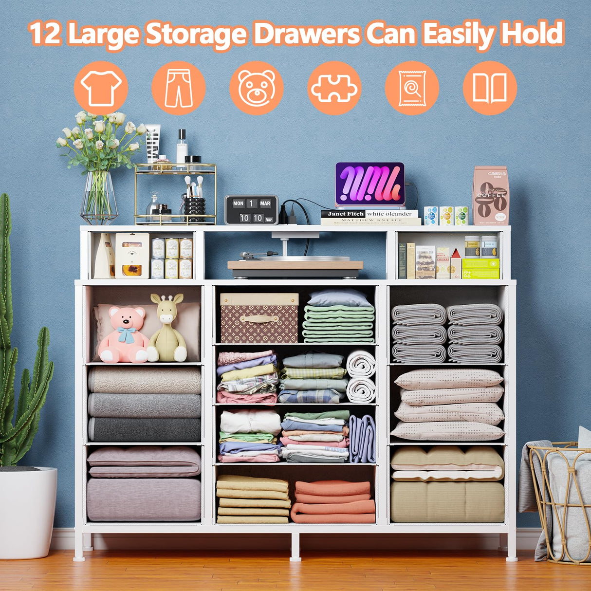 Furnulem White Dresser for Bedroom with LED Lights & Charging Station,47" Long Chests with 12 Fabric Storage Drawers,Wide Vanity Dressers Furniture for Closet,Entryway,2 Shelves Wood Top,Metal Frame Furnulem