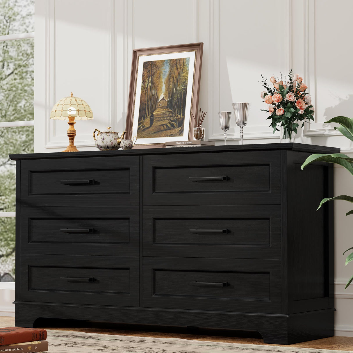 YESHOMY Dresser for Bedroom, Farmhouse 6 Drawers Dresser, Chest of Drawer Chest, Multi-Tier Clothing Storage Cabinet, Black YESHOMY