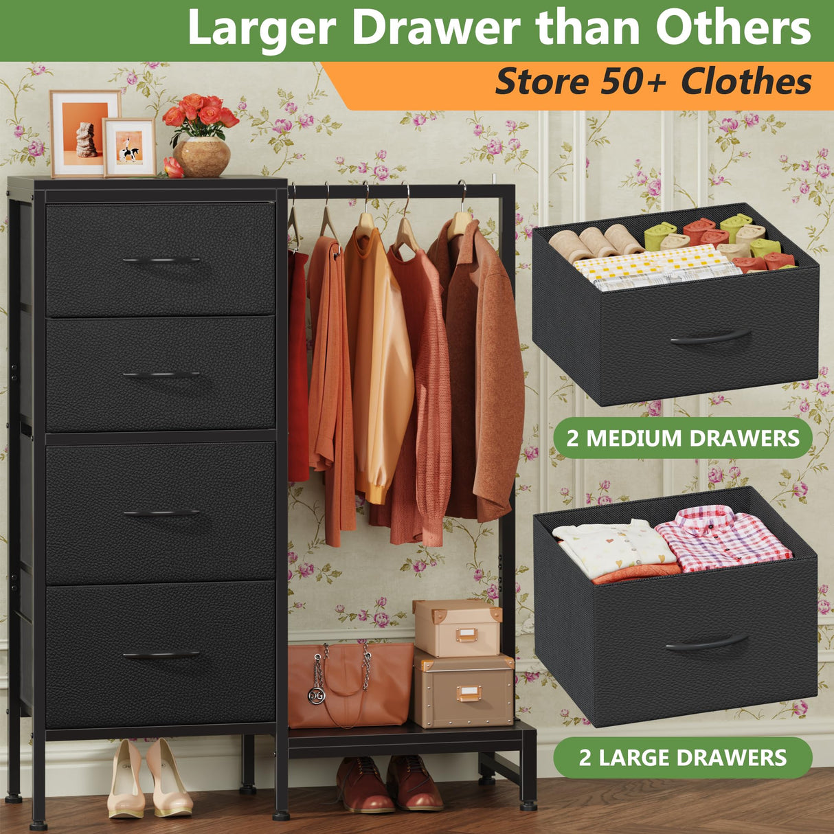 HIGDBFE Dresser with Hanging Rack, 4 Drawers Small Closet for Bedroom, Reversible Fabric Kids Chest of Drawers with Clothes Rack, Tall Storage Tower, Sturdy Frame, Black, 44''H HIGDBFE