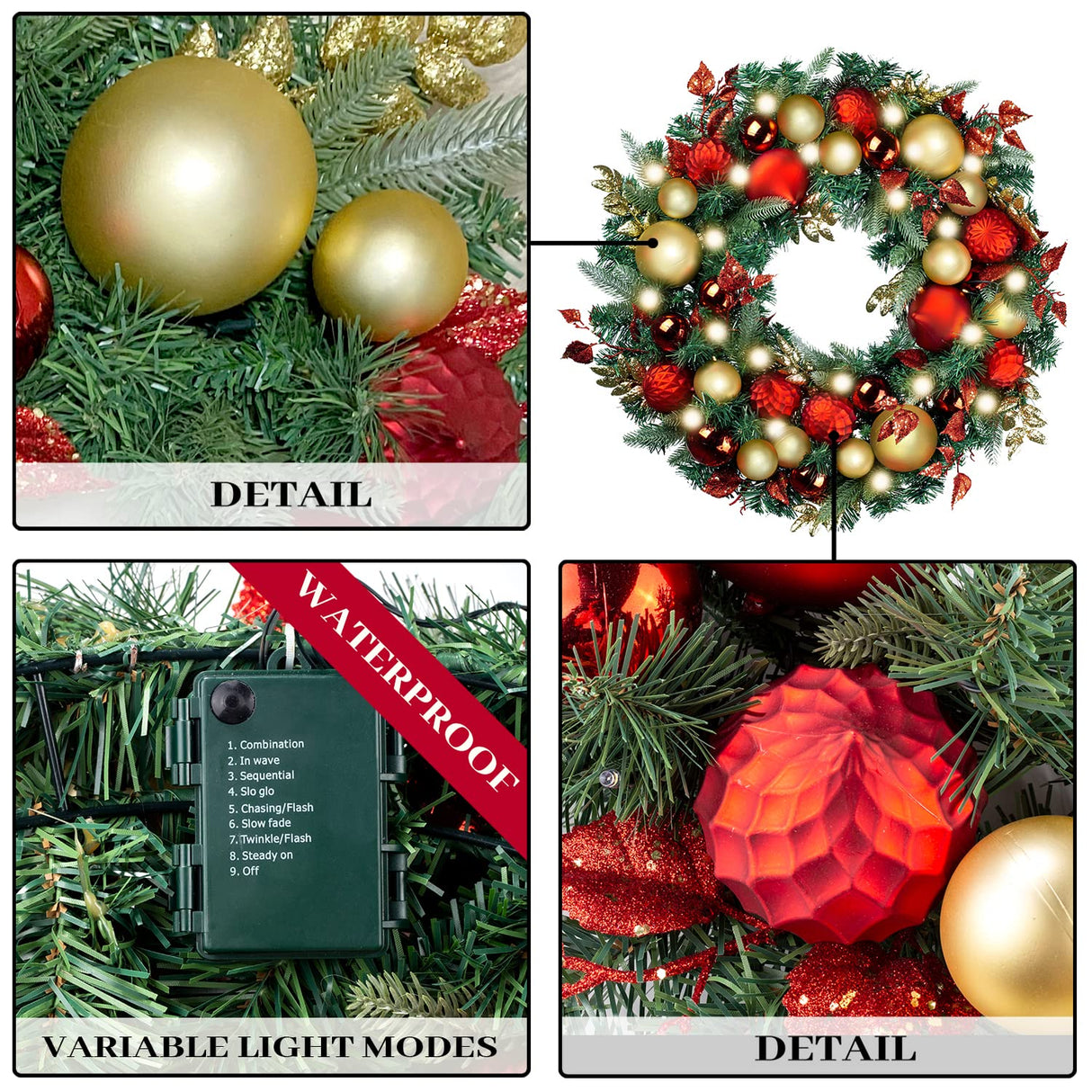 WANNA-CUL Pre-lit 9Feet /108 Inch Christmas Garland with Lights for Front Door, Red Gold Ligthed Christmas Mantel Garland Decoration with Ball Ornaments, Battery Operated 50 LED WANNA-CUL