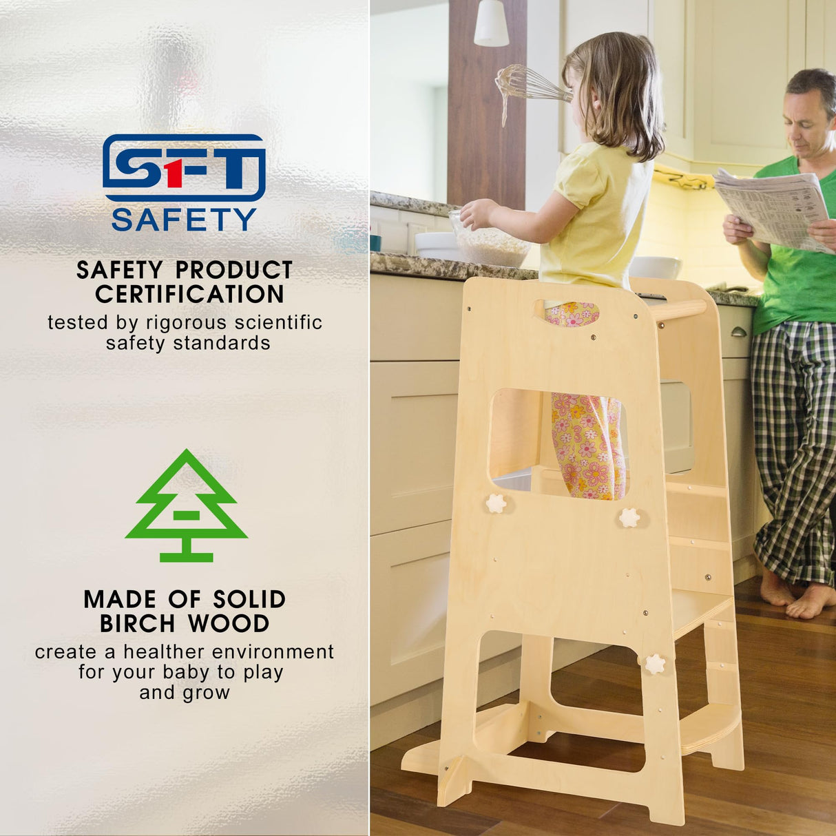 Bateso Basic Wooden Toddler Tower with Detachable Net, 3 Adjustable Height Toddler Kitchen Stool with Non-Slip Mats, Step Stool for Toddler, Toddler Step Stool for Kitchen Counter, Bathroom Sink Bateso