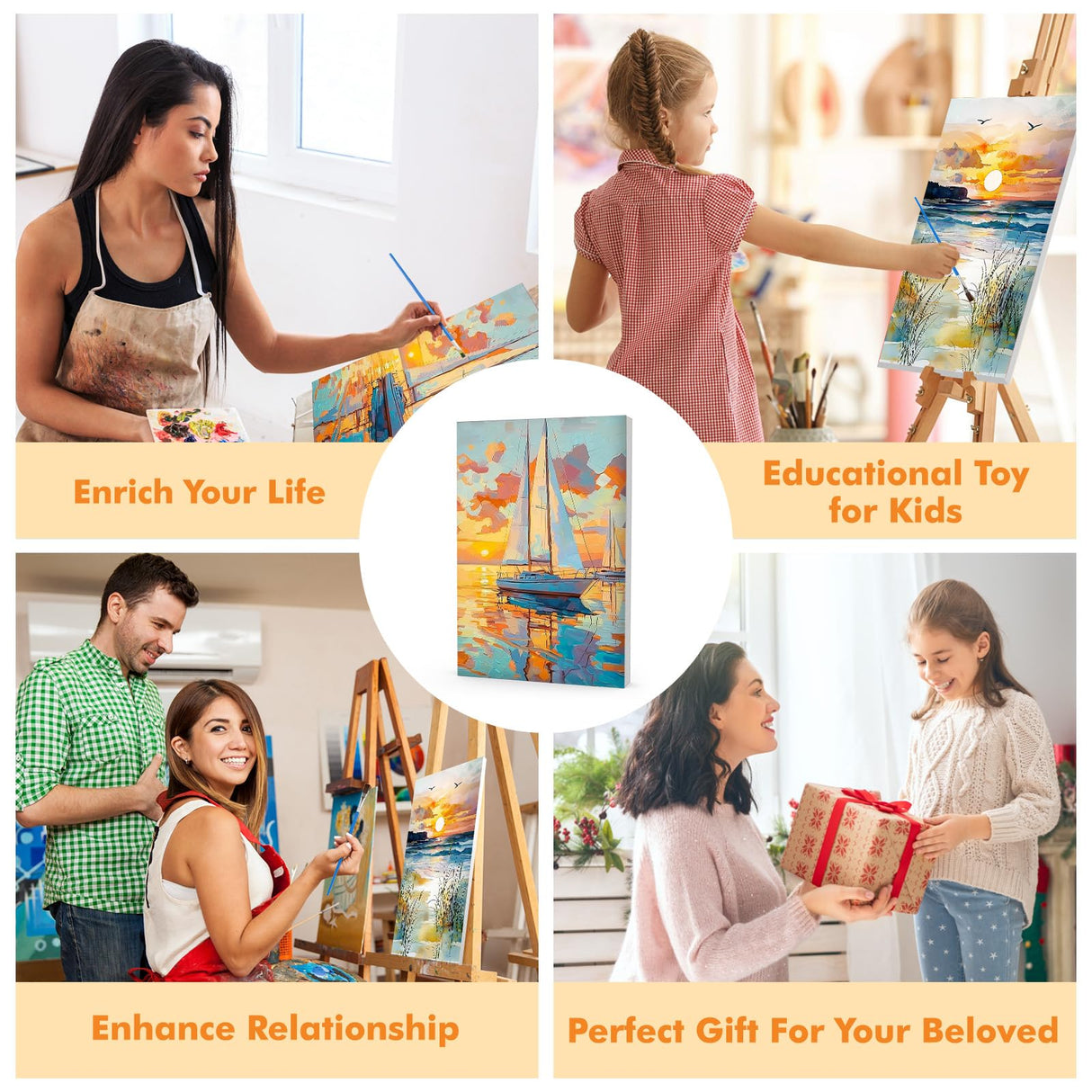 Bowetile 2 Pack Landscape Paint by Numbers for Adults Beginners Framed, Beach Adults' Paint-by-Number Kits, Easy Adult Paint by Number Kits on Canvas, Acrylic Number Painting for Home Decor, 8x12in Bowetile