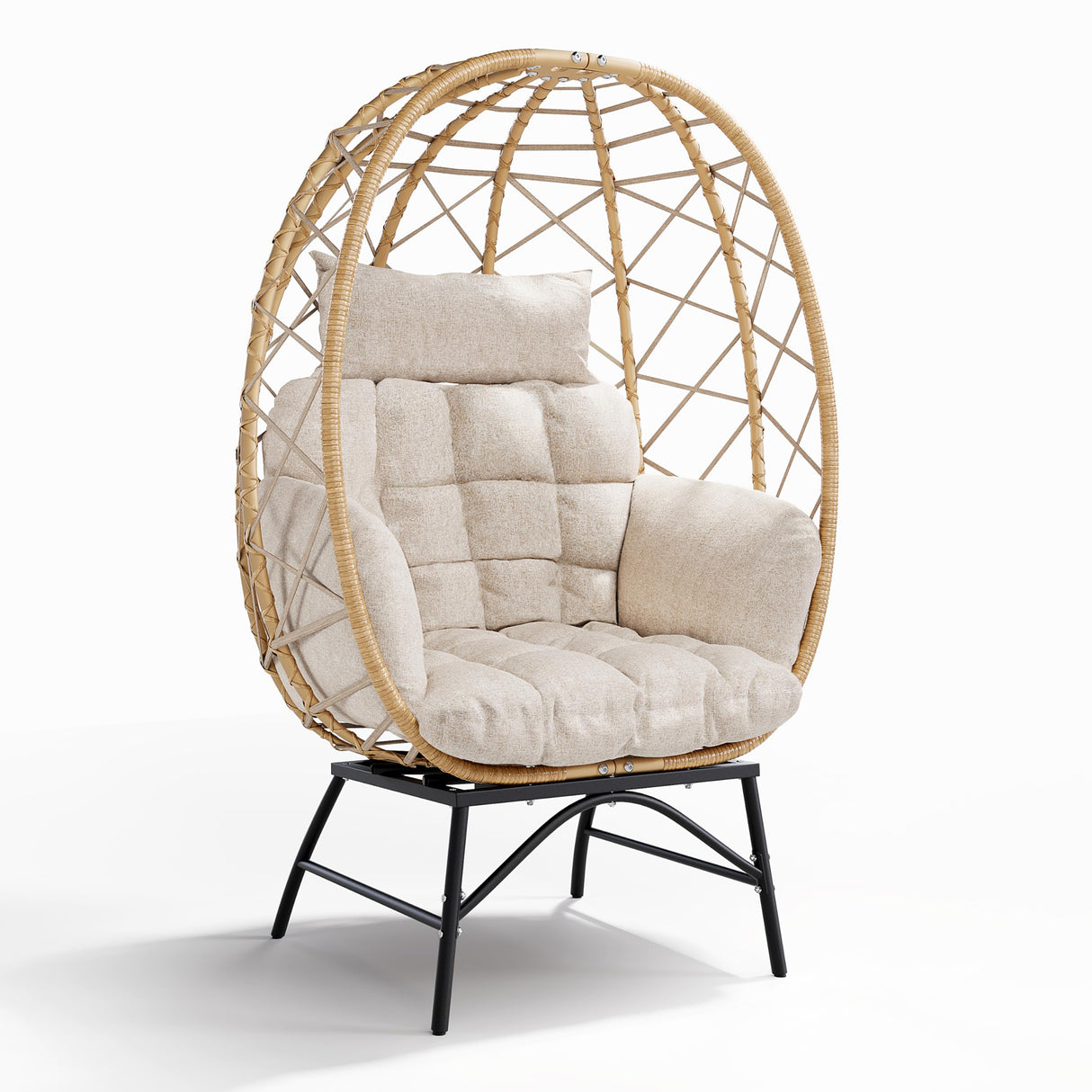 SWITTE Wicker Egg Chair Outdoor Indoor, Oversized Rattan Patio Lounge Chairs with Cushion for Backyard, Living Room, Steel Frame, 480lb Capacity-Cream SWITTE