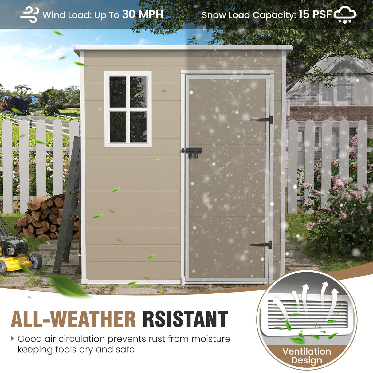 VONZOY Outdoor Storage Shed, 6x6 FT Resin Shed with Floor and Lockable Door, Window & Vents, Tool Sheds & Outdoor Storage for Bike, Garden Accessories, Tools, Waterproof (Light Brown) VONZOY